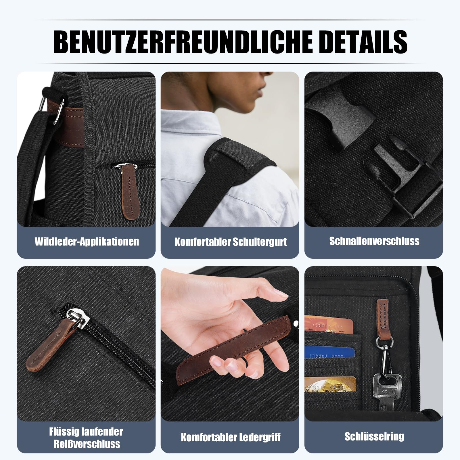 Eshow Umhängetasche Herren Wasserabweisend, Laptoptasche 15,6 Zoll aus Echtleder und Canvas, Messenger Bag Arbeitstasche Schultertasche Vintage für Arbeit Uni Freizeit Büro Schwarz