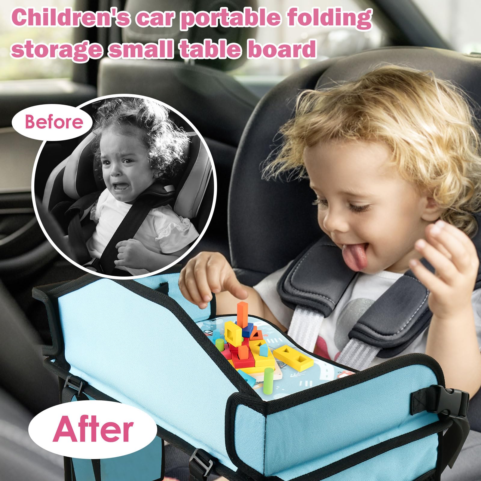 Plateau de voyage pour enfant - 43,5 x 33 cm - Avec bandoulière - Poches latérales - Pliable - Siège enfant - Table de voyage - Siège auto - Pour voyage d'enfant - Bleu