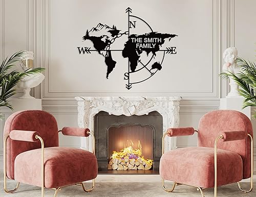 Miniatura 3 de YTDESIGN Brújula de arte de pared de mapa del mundo de metal personalizado, obra de arte de decoración de pared de metal personalizado, decoración