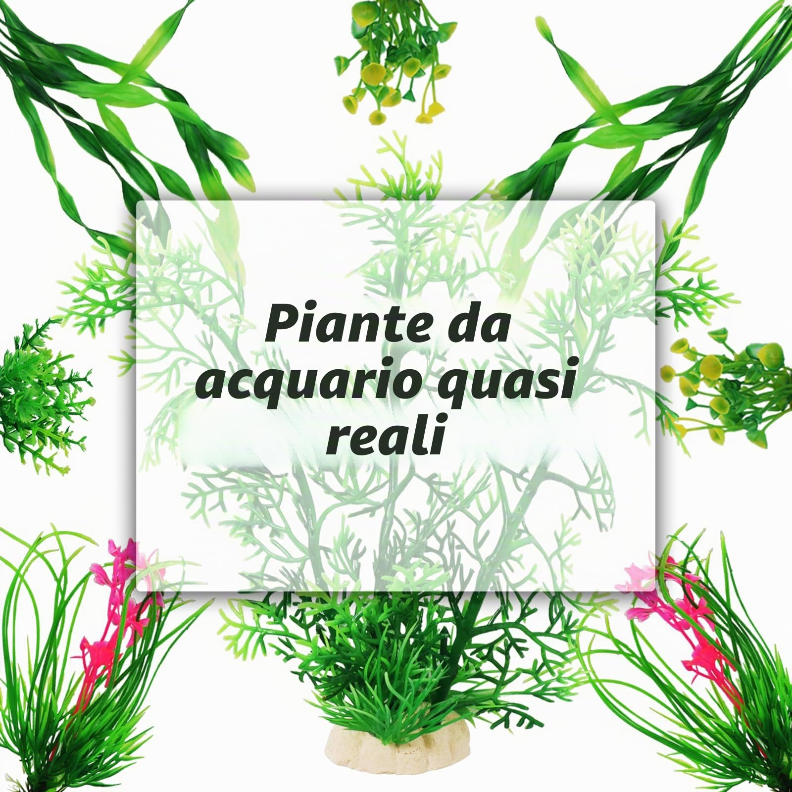 QUOZUO 9 Pezzi Decorazione Piante per Acquario, Piante in Plastica Verde con Resina, Grotta di Pesce e Accessori per Serbatoio