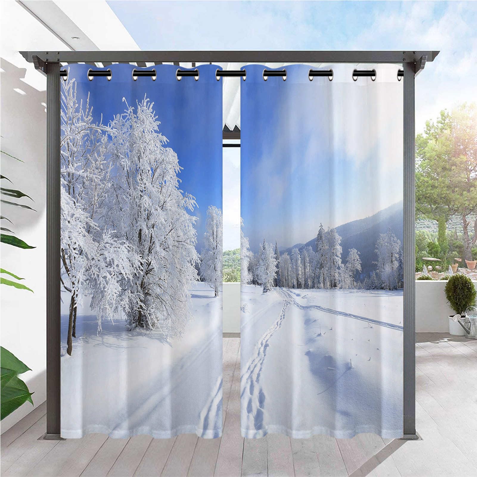 ANHOPE Outdoor Curtains Waterproof Eyelet Ring Top Drapes Winter Nature Snow Tree Mountain Print Pattern Privacy Outside Curtains for Garden Patio Gazebo Pergola 2 Panels W 52" x L 108"