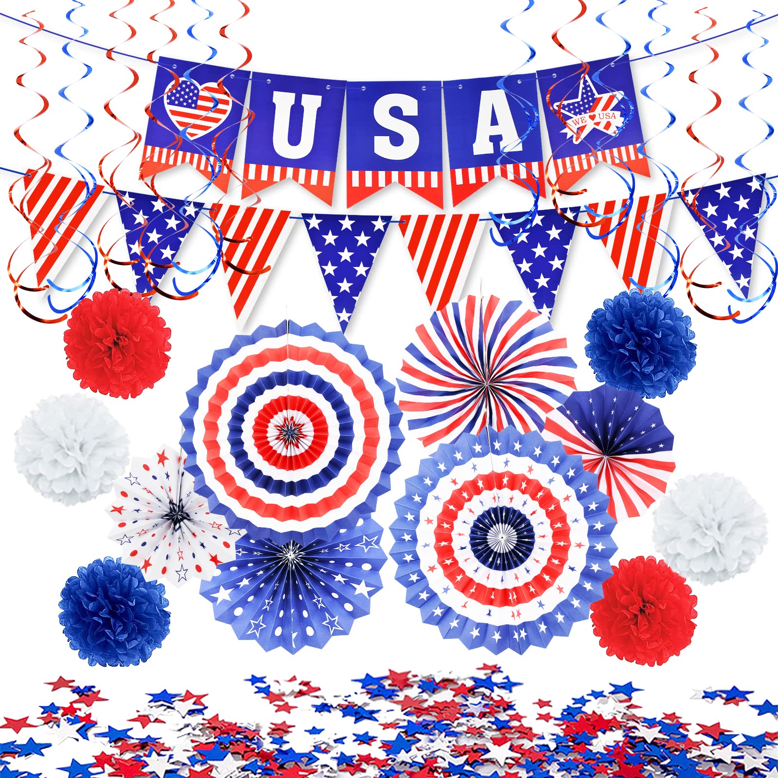 27 Pieces 4th of July Decorations Set, Red White Blue American Flag Hanging Honeycomb Paper Fans, Pom Poms, Swirls, Love USA Banner, Star Garland Patriotic Independence Day Outdoor Party Supplies