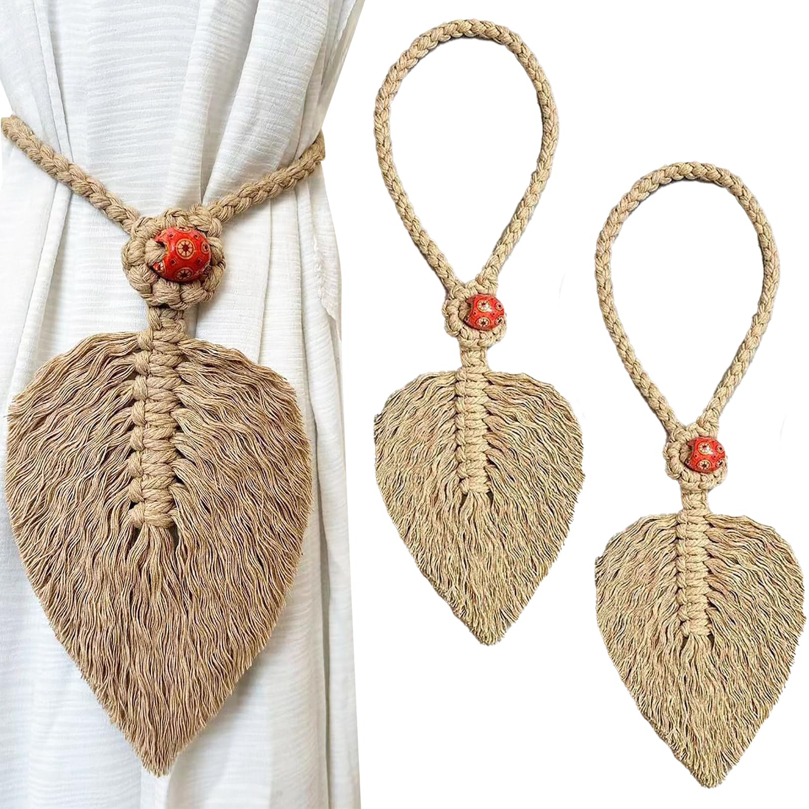 2-Pack Bohemian Cotton Leaf Curtain Tiebacks with Beaded Decoration – Handwoven Drapery Holdbacks for Home, Bedroom, and Office Decor (Brown)