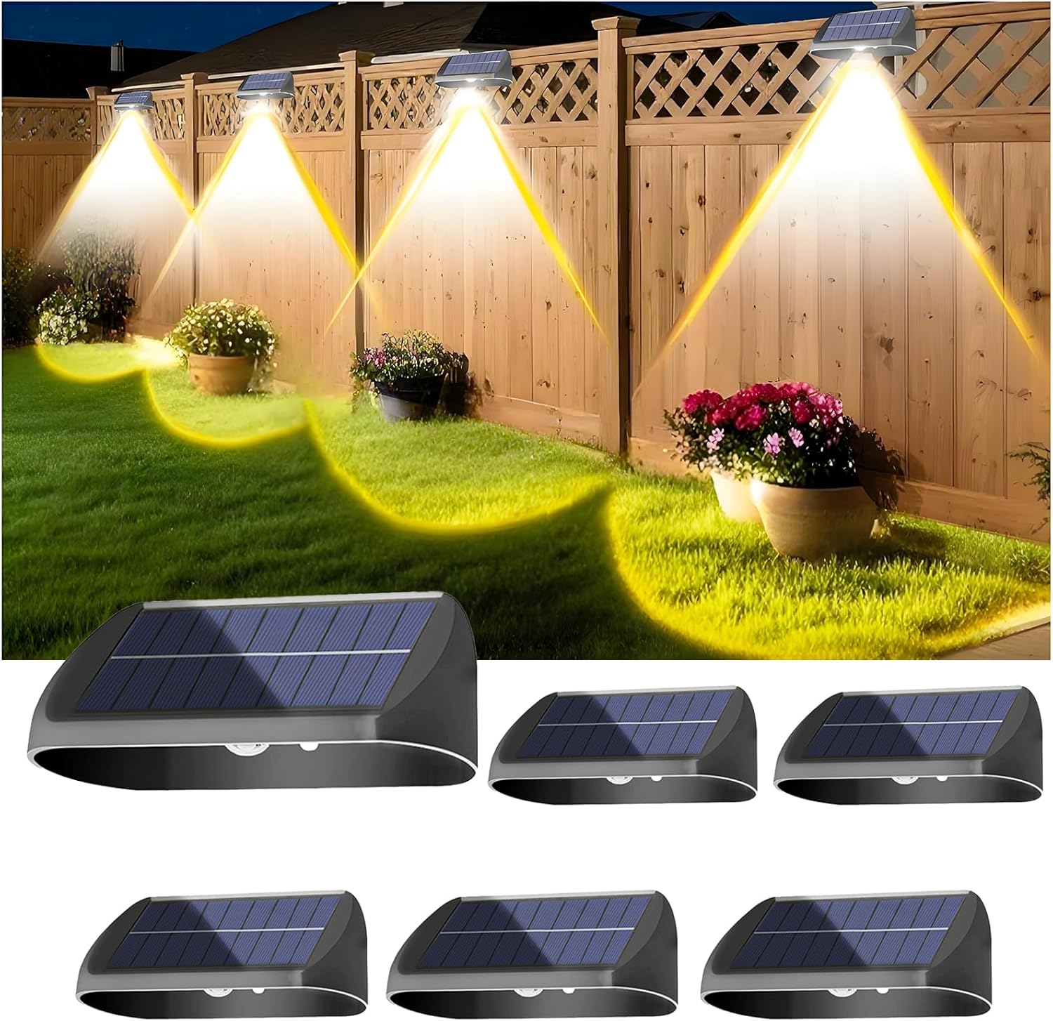 EGOBOO Solar Fence Lights Outdoor 6 Pack, IP65 Waterproof Solar Powered Wall Lights for Deck/Backyard/Railing/Step/Patio/Pool Porch, Solar Light with Auto Dusk to Dawn Sensor for Outside Decor