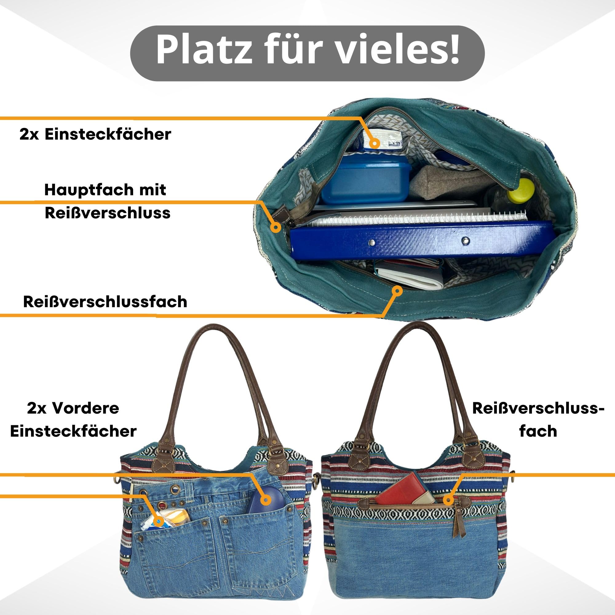 Sunsa Damen Nachhaltige Handtasche aus recycelte Jeans Canvas & Leder. Vintage Still große Schultertasche. Extra Crossover Henkel kann als Umhängetasche benutzen. A4 geeignet