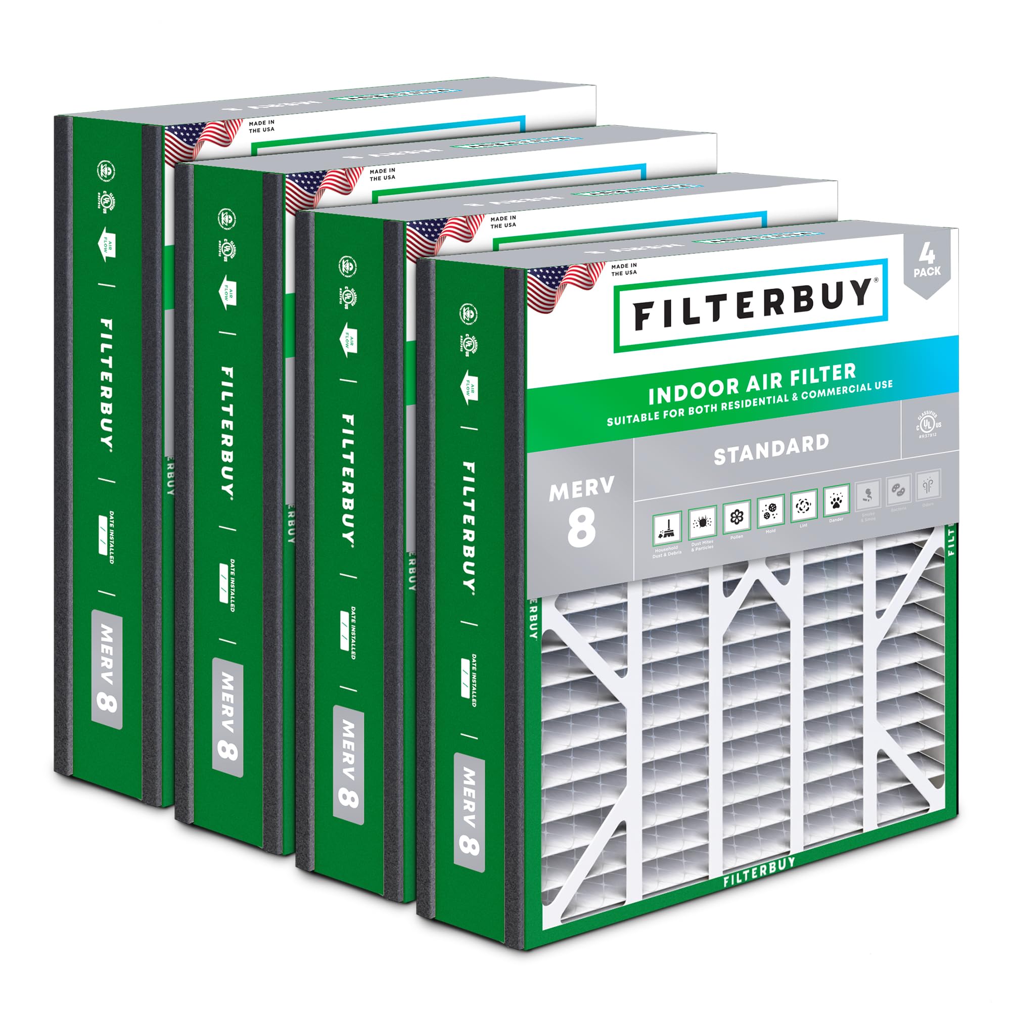 Filterbuy 20x25x5 Air Filter MERV 8 Dust Defense (4-Pack), Pleated HVAC AC Furnace Air Filters for Trion Air Bear, Generalaire, Skuttle, and More (Actual Size: 19.63 x 24.13 x 4.88 Inches)