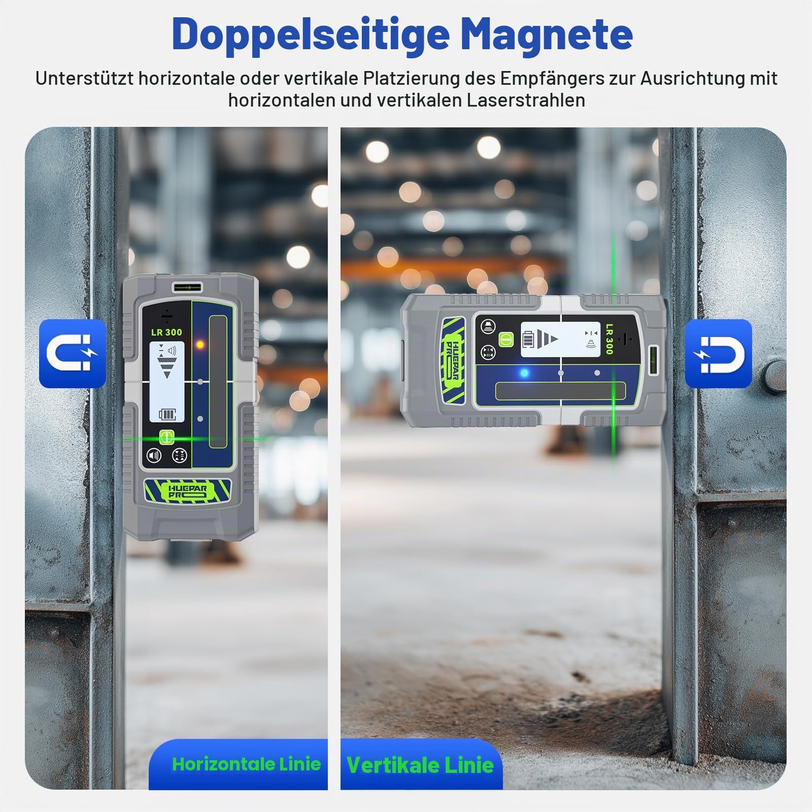 Huepar Pro Professional Laserempfänger Pulsmodus Liniendetektor für Laser-Levels, 60 m, Dual-Präzisions-Modi, IP65 wasserdicht, Magnetklemme, LCD+LED, 20-Stunden-Laufzeit