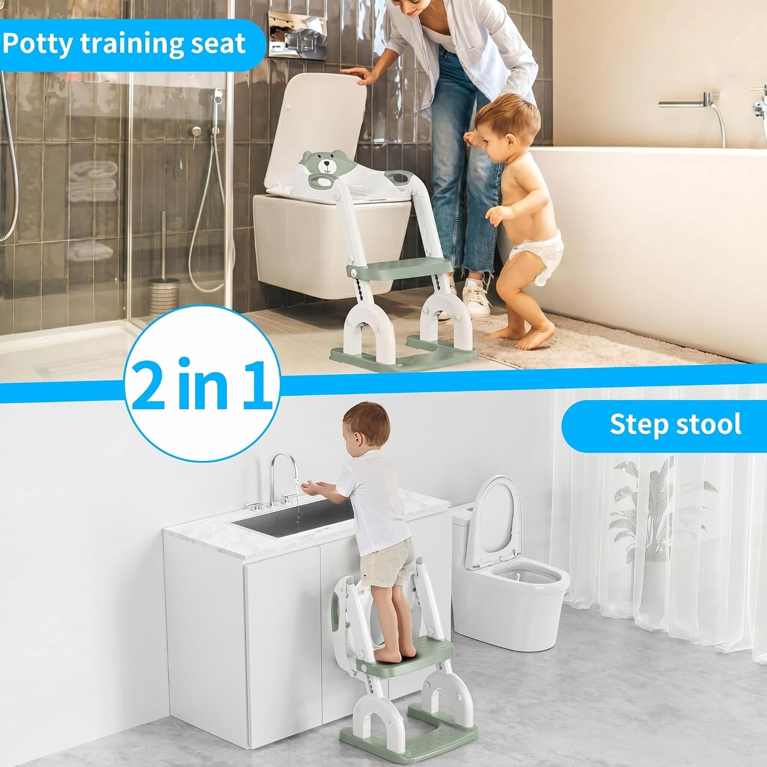 Children's Toilet Seat with Stairs, Upgraded Toilet Attachment for Children for Boys and Girls, 2-in-1 Toilet Trainer with Stairs, Height Adjustable, Comfortable Safe Toilet Seats (Pistachio Three Female.