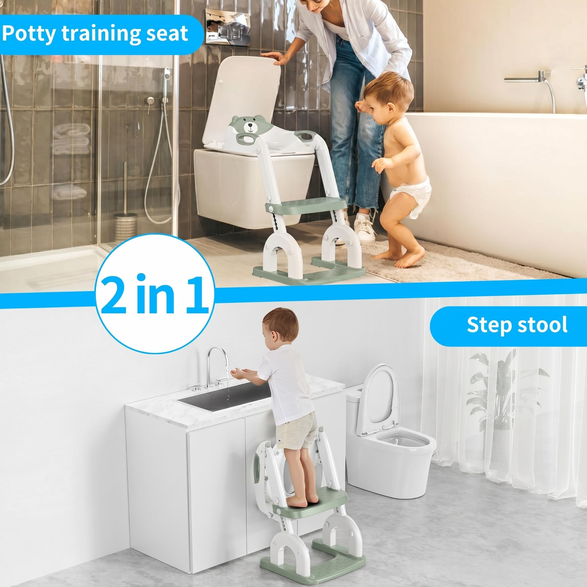 Reducteur Toilette Enfant，Améliorées Adaptateur Toilette pour Enfants Garçons et Filles，2 en 1 Rehausseur Toilette Enfant，Réglable en Hauteur et Portable，Tabouret d'escalier (Pistache)
