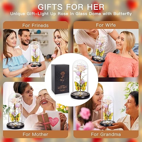 Miniatura 7 de DEEMEI Regalos de cumpleaños para mujeres, rosa morada, flor eterna iluminada en cúpula de cristal con mariposa, regalos para mujeres, Acción de