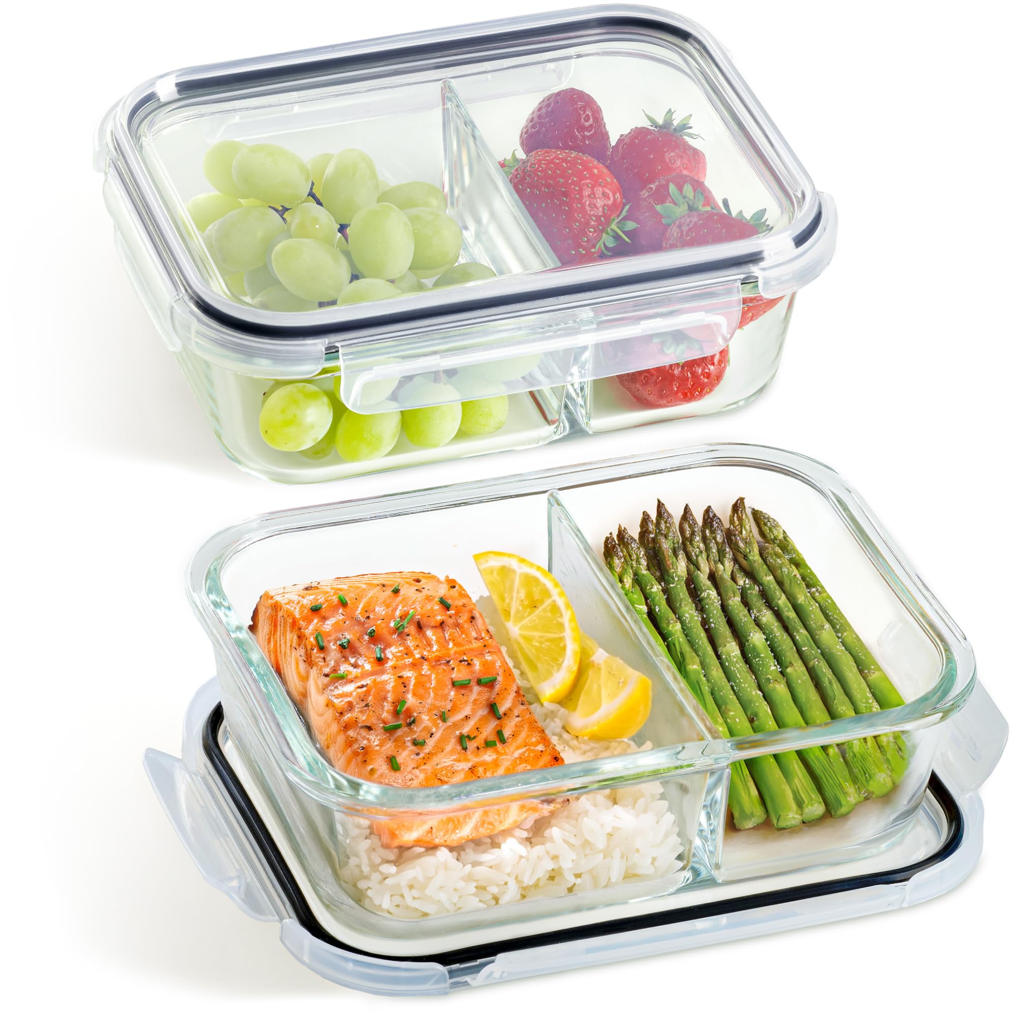 Praknu Meal Prep Boxen Glas 2 Fächer - 2er Set Meal Prep Containers 1l - Luftdichter Glasbehälter mit Deckel - Geeignet für Spülmaschine, Mikrowelle & Ofen - Mealprepboxen - Frischhaltedosen Glas