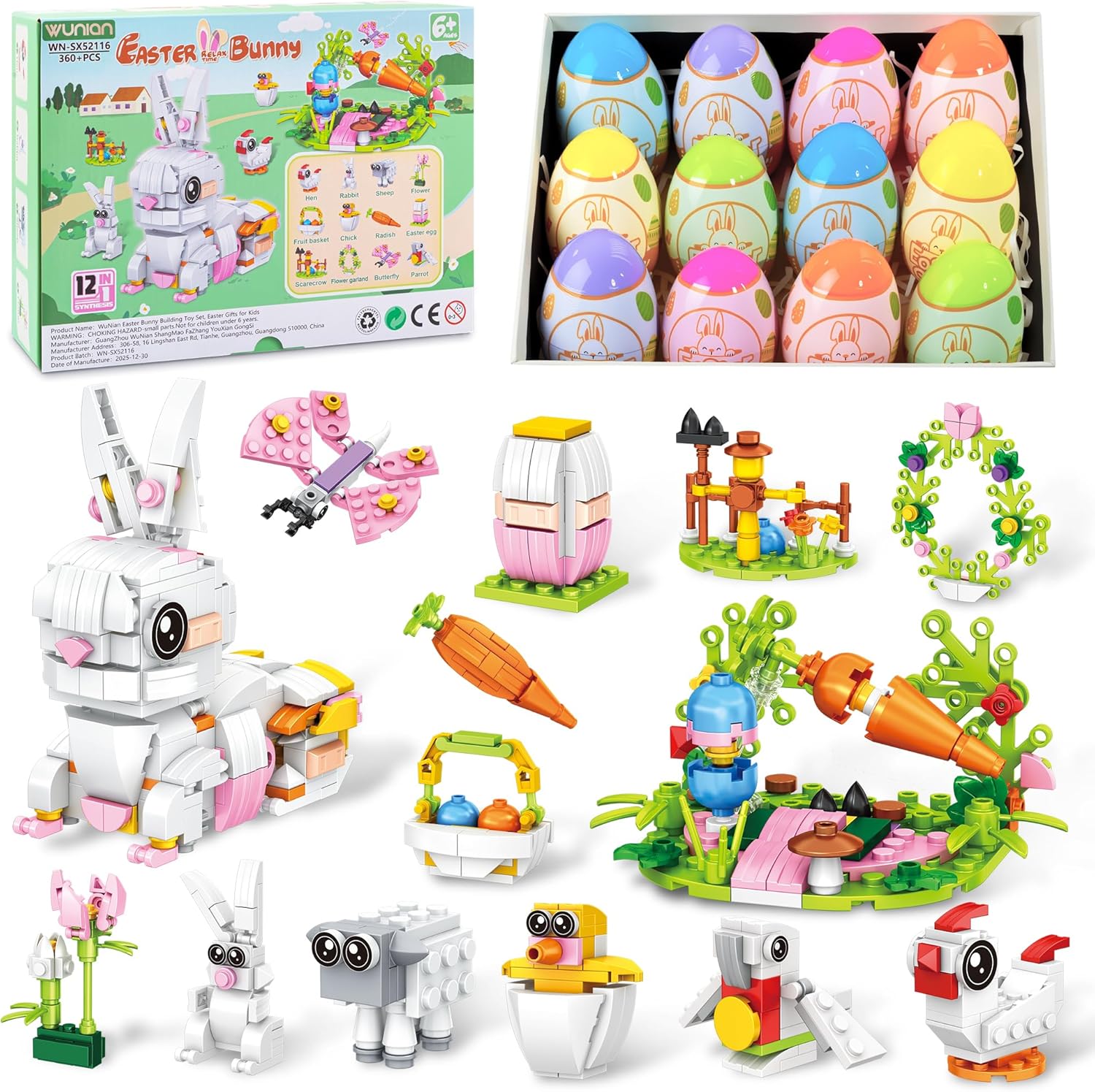 Prefilled Easter Eggs with 12 Packs Bunny Building Blocks Sets – 12 in 2 Easter Basket Stuffers Building Toys, Includes Rabbit, Butterfly, Carrot, Flower, Party Favors Gifts for Kids Boys Girls 6+