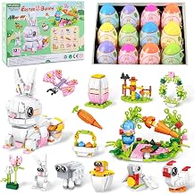 Prefilled Easter Eggs with 12 Packs Bunny Building Blocks Sets &ndash; 12 in 2 Easter Basket Stuffers Building Toys, Includes Rabbit, Butterfly, Carrot, Flower, Party Favors Gifts for Kids Boys Girls 6+