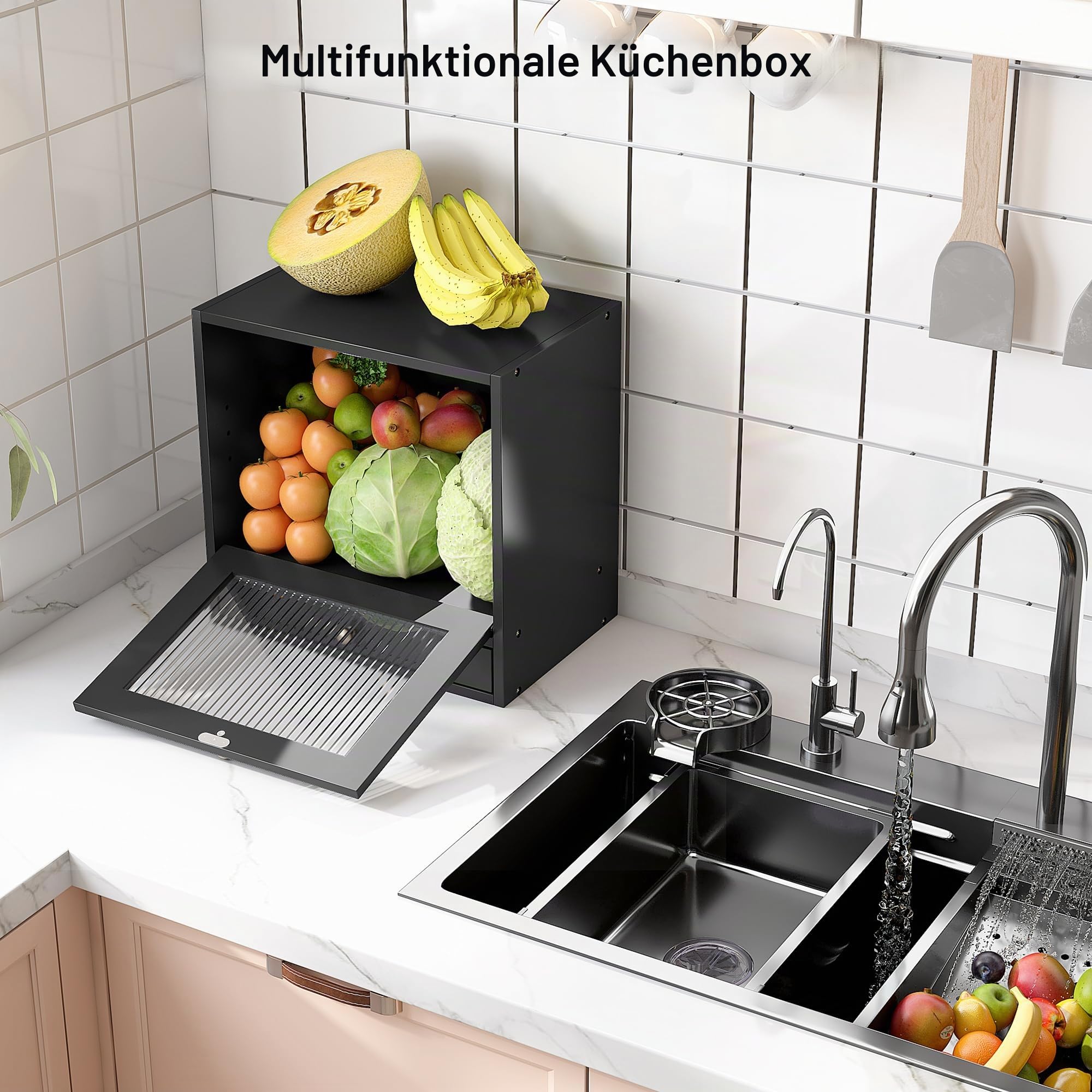Alpeir Brotkasten Holz Groß 2 Etagen Brotbox mit Magnetisch Acryl Sichtfenster und Schublade, Ecke Arbeitsplatte Küche Aufbewahrung Behälter für Snack Knäckebrot Obst, Schwarz