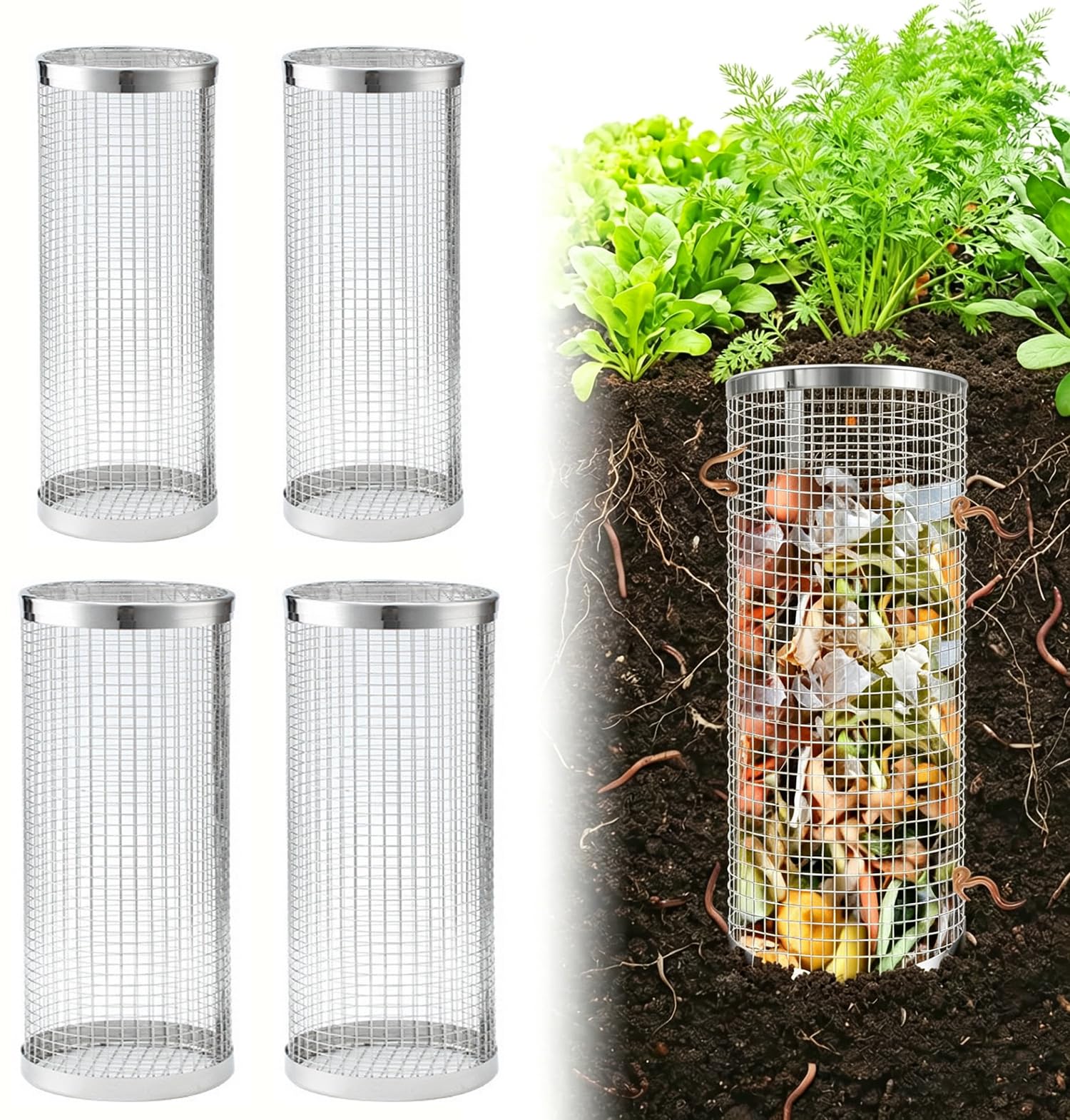 4 Stück Edelstahl Wurmkomposter Set, 2 Größen (Ø10/9cm) Inground Komposter für Garten, Hochbeet, Gemüsebeet, Kompostbehälter für Biomüll, Natürlicher Dünger für Pflanzen
