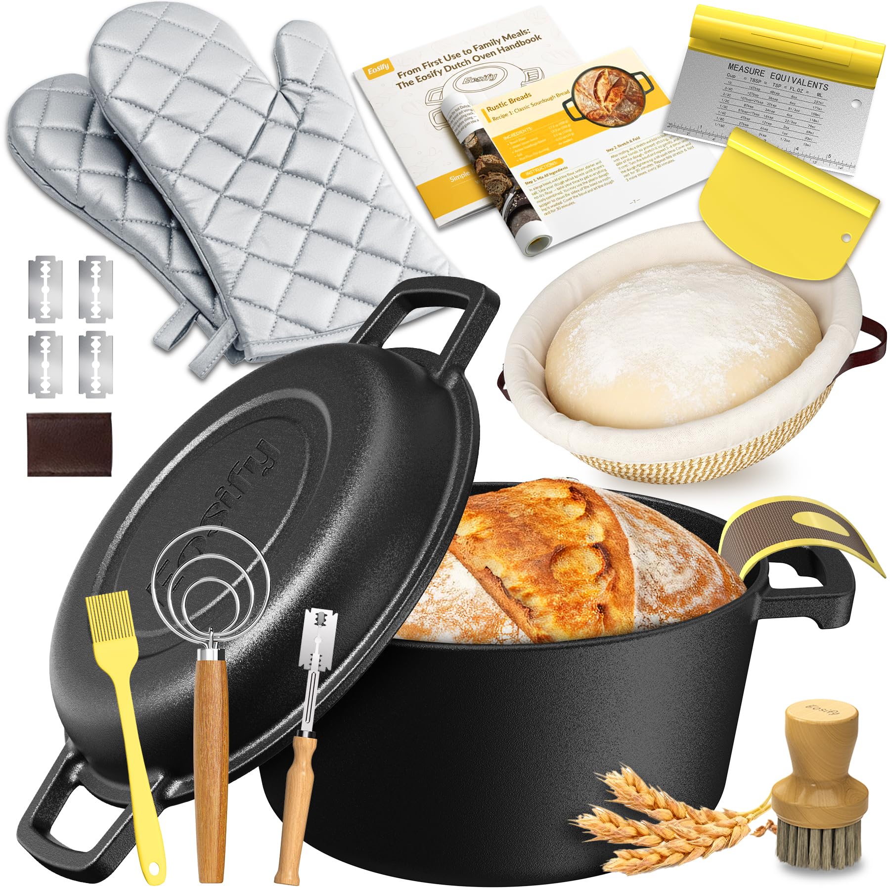 cast iron dutch oven for bread baking - sourdough starter kit with dutch oven, mitts, banneton, bread sling & baking supplies, 5.46qt pot with lid for sourdough bread baking, frying, braising & camping