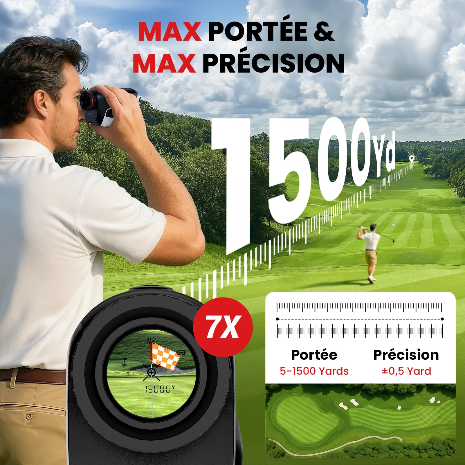 Télémètre de golf avec pente marche/arrêt, 1 374 m, grossissement 7x, haute précision, pour golf/chasse, verrouillage de drapeau avec vibration, télémètre de golf portable, rechargeable