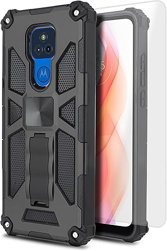 diseñado para Moto G Play 2021 caso con vidrio temperador, Motorola G Play 2021 caso Kickstand magnético a prueba de golpes híbrido TPU parachoques