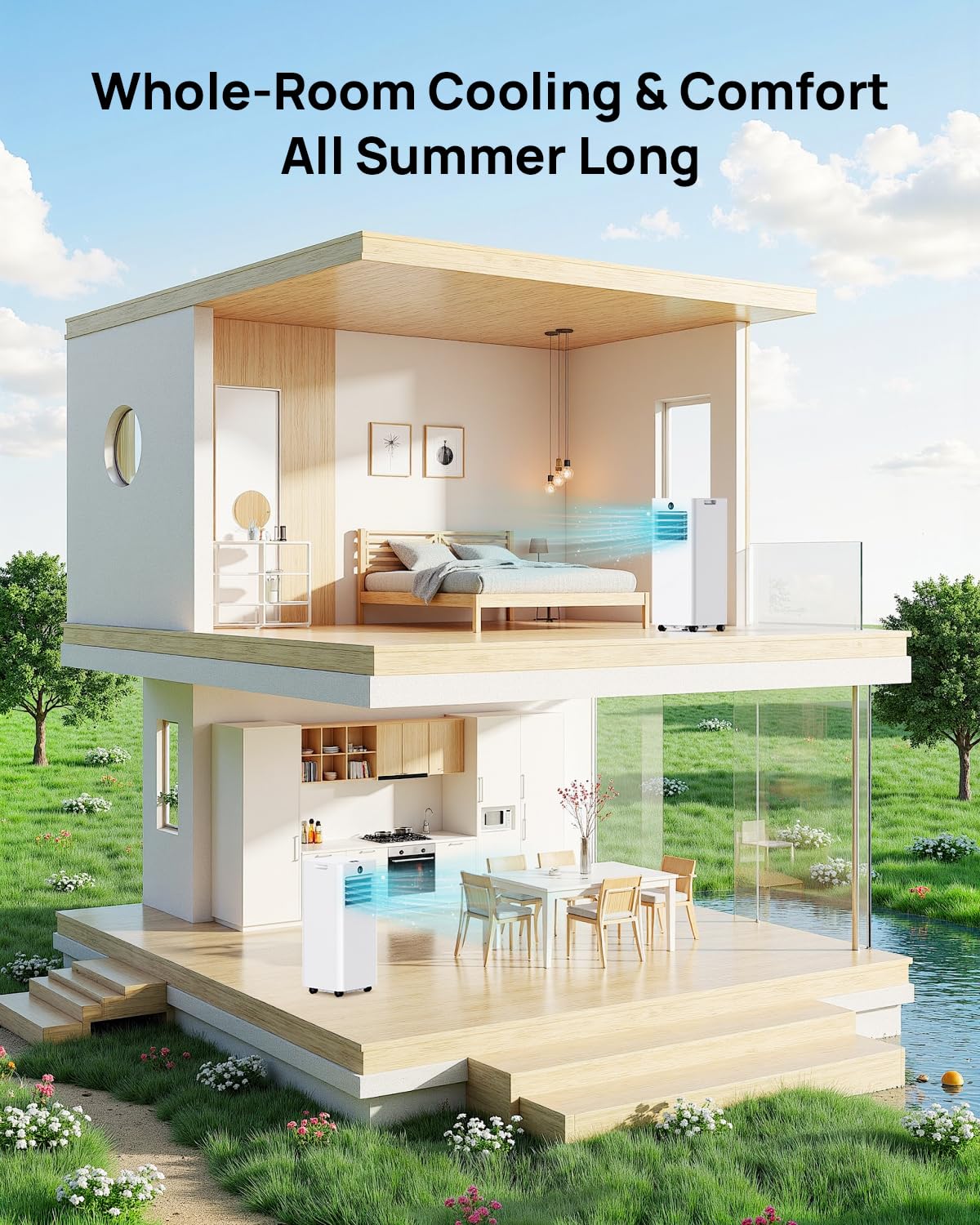 Aire Acondicionado Portatil 7000 BTU con Kit Ventana, 4 en 1 Refrigeración/Ventilador/Deshumidificador/Modo Sueño, Mando a Distancia, Temporizador 24h, Ruedas 360°, Silencioso para Dormitorio Oficina