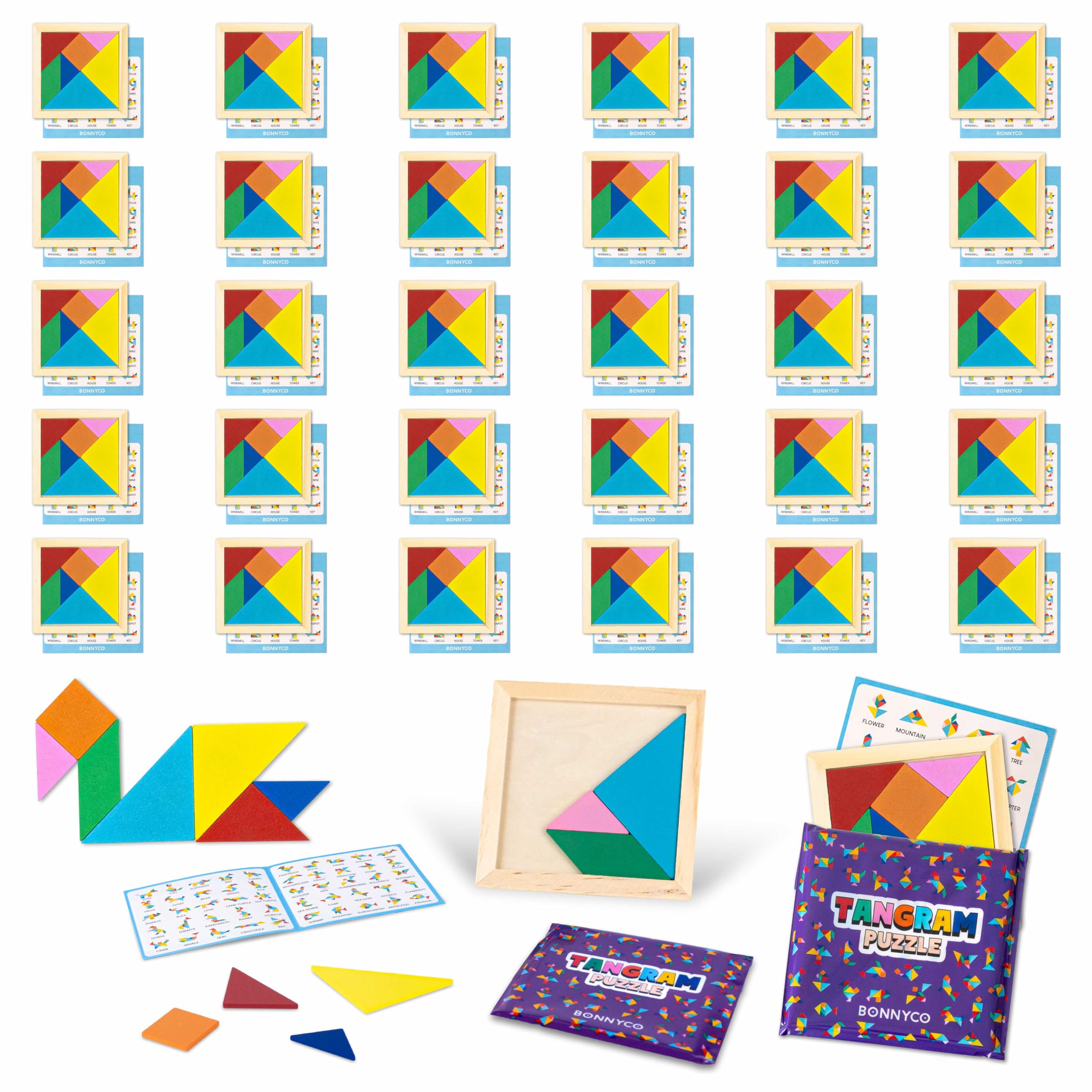 BONNYCO Tangram Puzzle Wooden Pack 30 Kids Party Favors. Goodie Bags Stuffers for Kids 3-5 4-8, Return Gifts for Birthday Party. Goody Bag Stuffers, Pinata Filler Toys Bulk. Classroom Prizes, Rewards