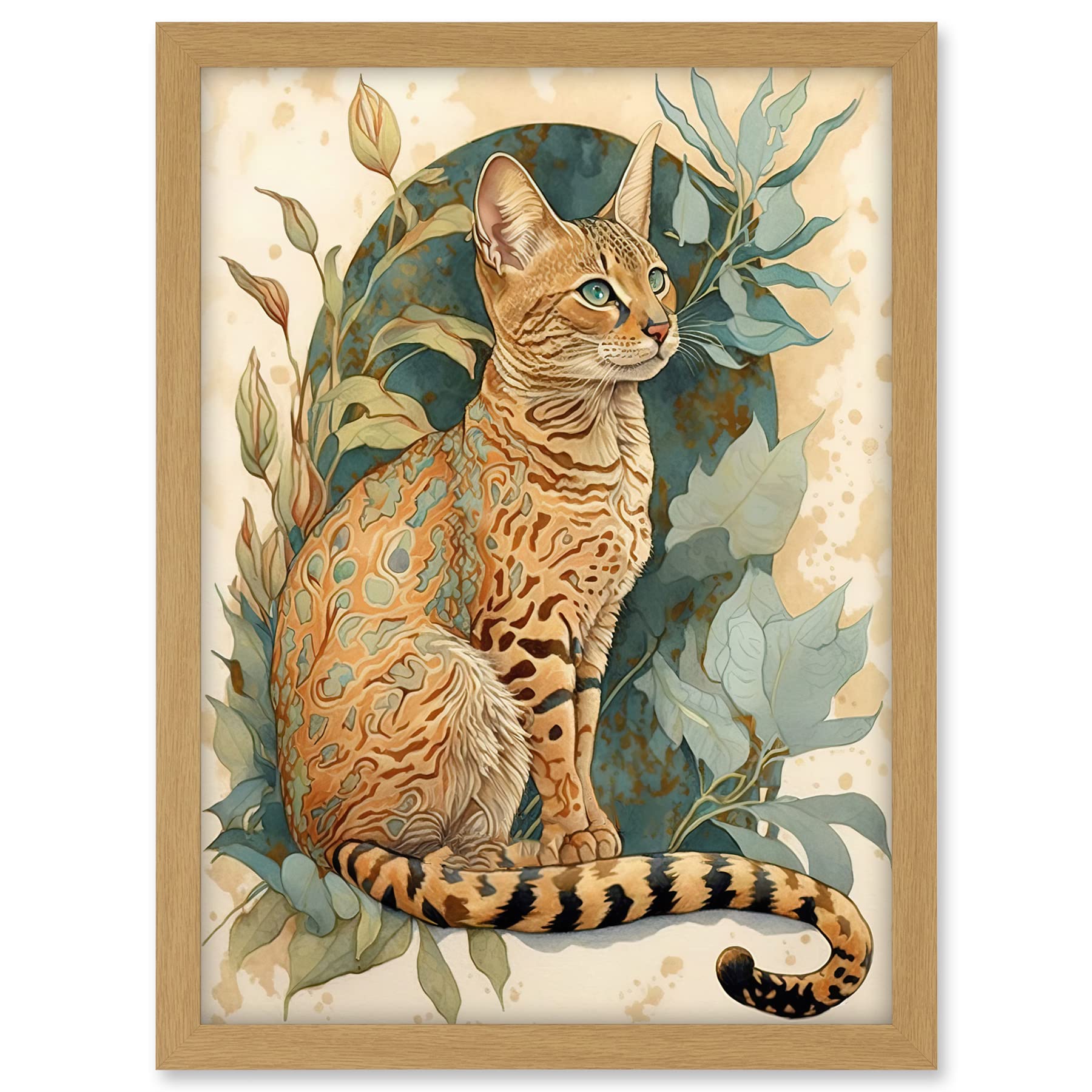 Artery8 Ocicat Cat with Teal Rosette Pattern Fur and Leafy Plants Watercolour Illustration Artwork Framed A3 Wall Art Print