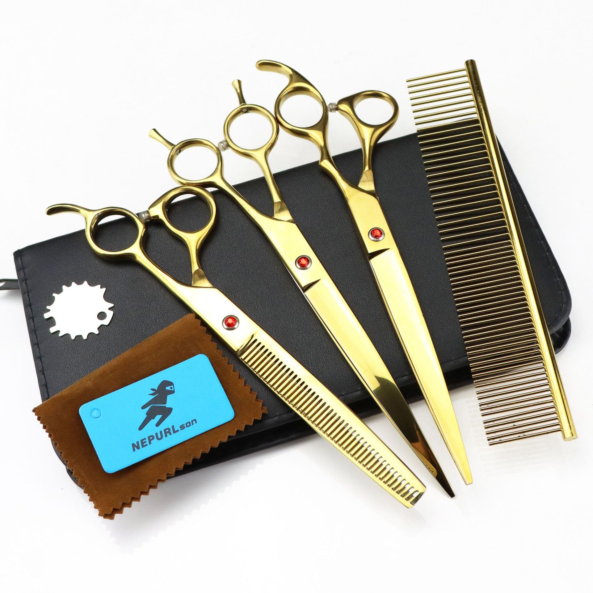 Gold Dog Grooming Scissors Set, 3-Piece 440C Steel Kit with 8.0" Straight and Curved Shears, 7.5" Thinner, and Comb for Professional Pet Styling, Finishing, and Texturizing,Thin