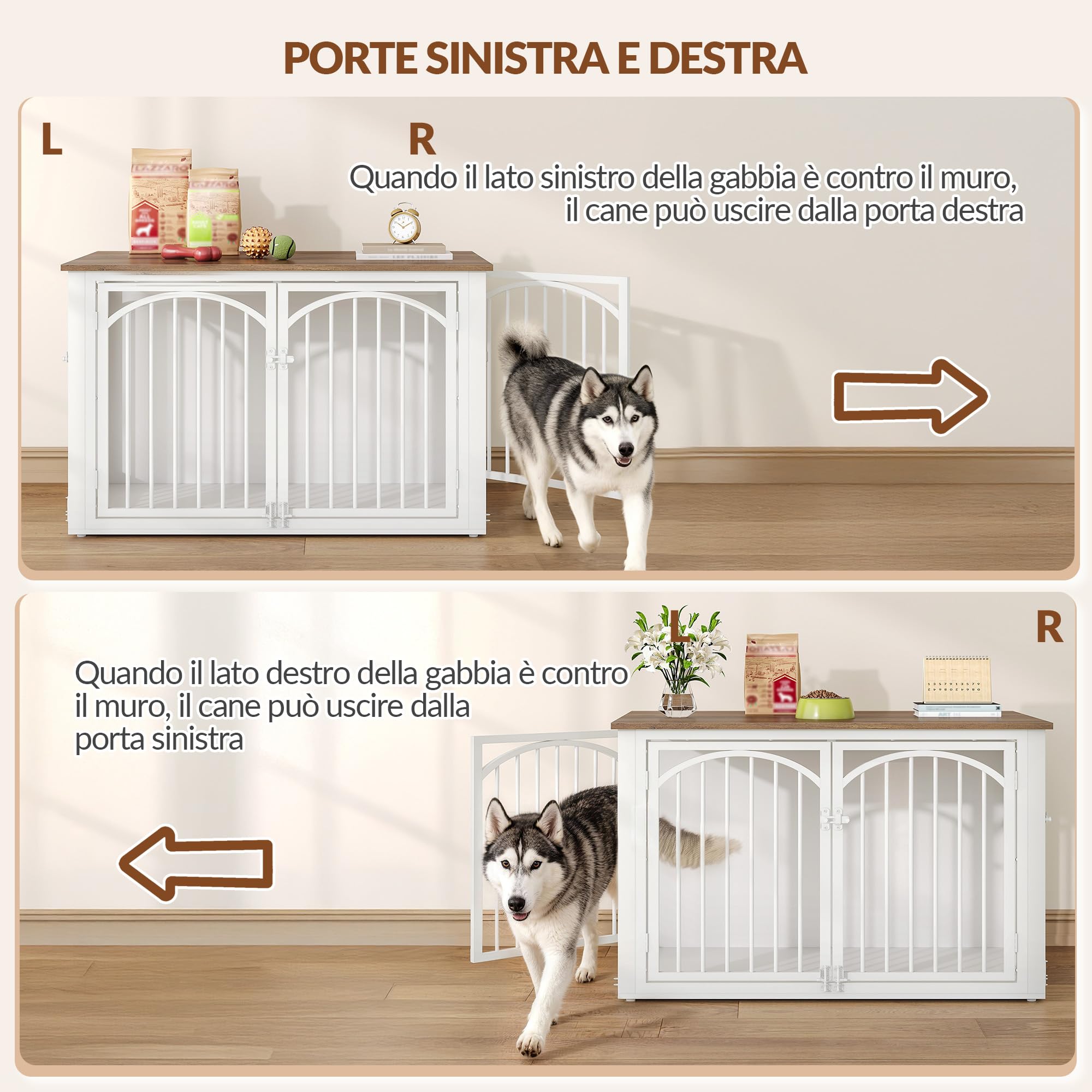 Jaula para Perros, 100cm Jaula Mueble para Perro con 4 Puertas, Casa Madera Perro, Mesa Auxiliar, Casa Interior Perros, Perros Pequeños y Medianos, 100 x 60 x 63 cm, Marrón y Bianco