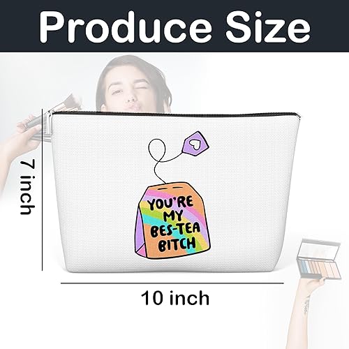Miniatura 2 de Bolsa de maquillaje Bestie, regalo para amantes del té, neceser para mujeres, hermanas, adolescentes, colegas. Bolsa de maquillaje con cremallera