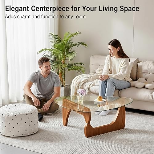 Miniatura 6 de Mesa de Centro Triangular con Base de Madera, Superficie de Vidrio Transparente, Mesa de Cristal de Mediados de Siglo, Mesa Auxiliar Abstracta para