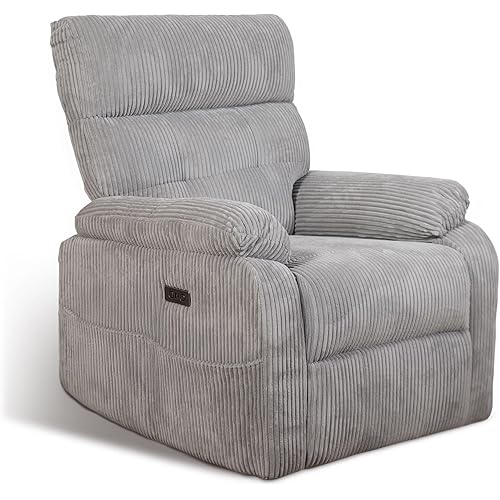 Oversized Electric Recliner Chairs for Adults, Power Grey Recliner Chair with USB & Type-C/Lumbar Support/Pockets, Single Sofa for Living Room, PU Leather, Capacity of 440 LBS (Grey)
