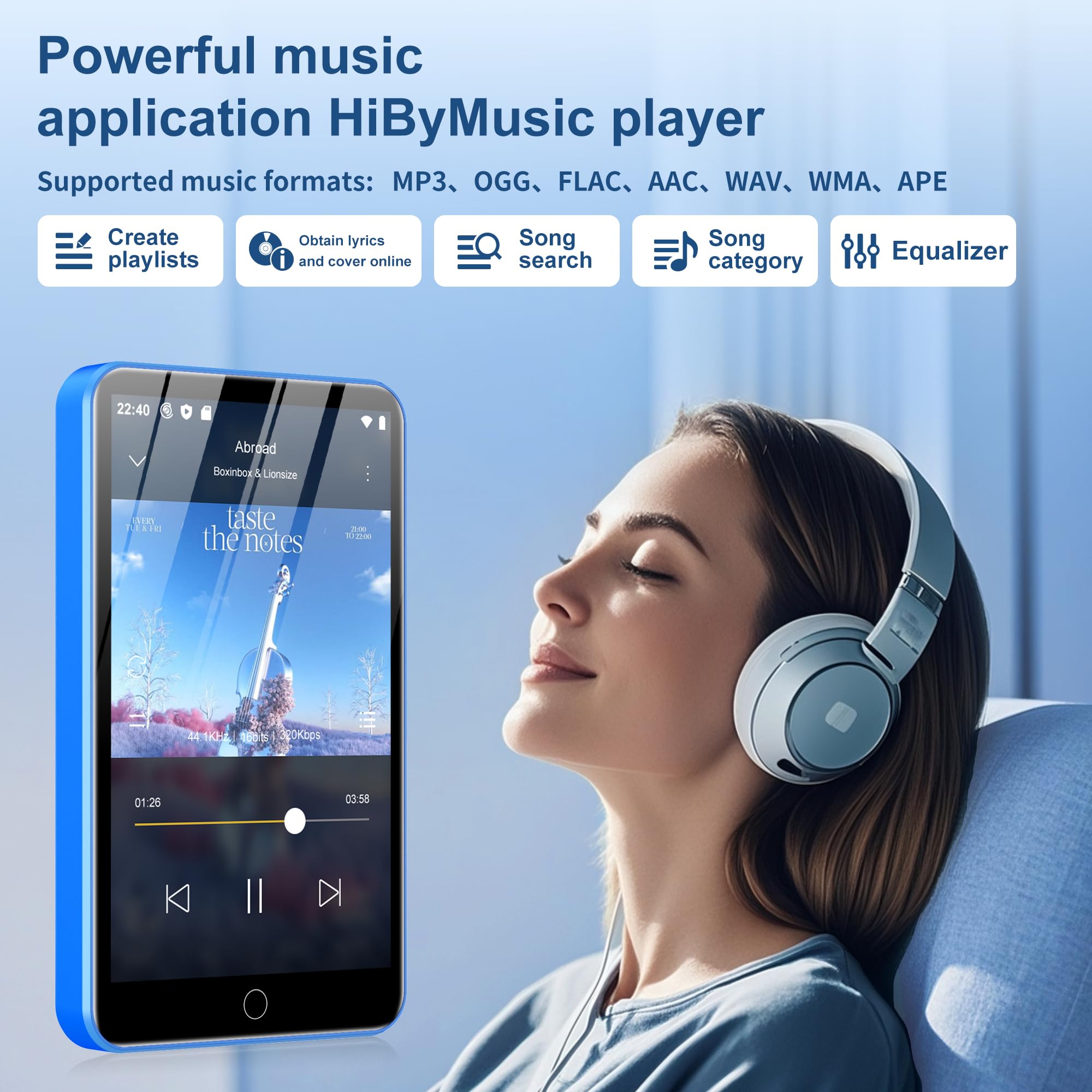 Lettore MP3 Diofox 80GB con Bluetooth e Wi-Fi, Lettore MP3 Android Spotify, Amazon Music, Audible, Lettore MP4 con touchscreen da 4 pollici, Musica in streaming, Play Store, Radio FM, Deezer - Blu