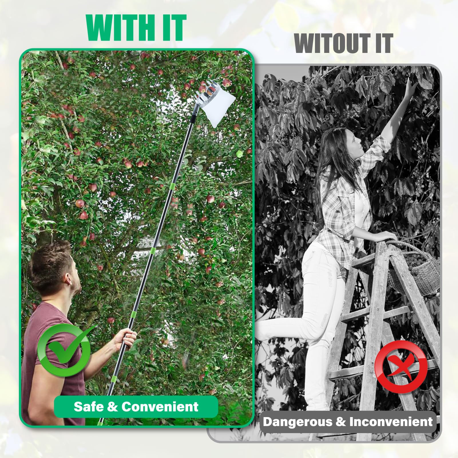 Recogedor Frutas Telescopico, 3.9M Recogedor de Frutas con Varillas de Extensión, Recoge Frutas de árboles con Bolsa de Algodón, Frutas Herramientas Recolectoras para Manzanas, Naranjas, Peras