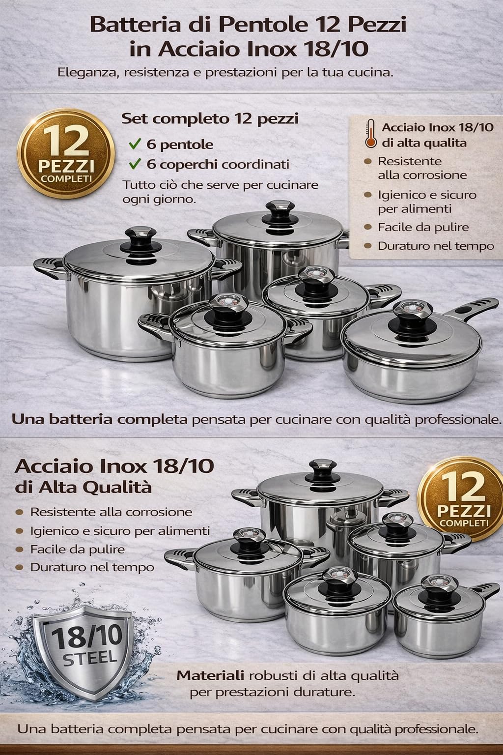 Batteria di Pentole 12 Pezzi in Acciaio Inox con Coperchio e Termostato - Adatte a Tutti i Piani Cottura