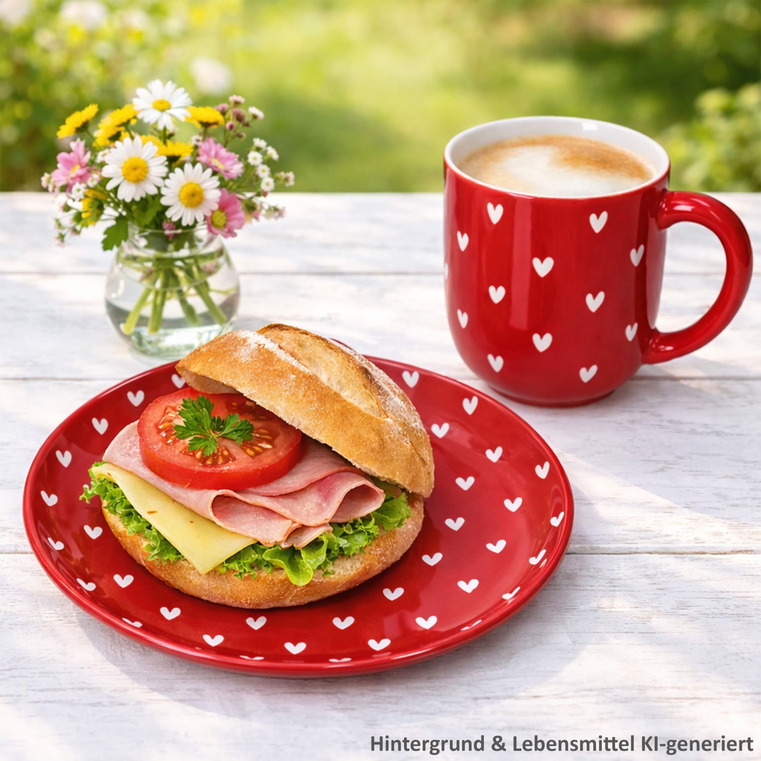 MamboCat Love 12tlg Frühstücksset I 6x Kuchenteller Ø19,5cm & 6x Kaffeebecher 300ml I Porzellan Geschirr rot mit weißen matten Herzen I für Frühstück & Kaffeezeit