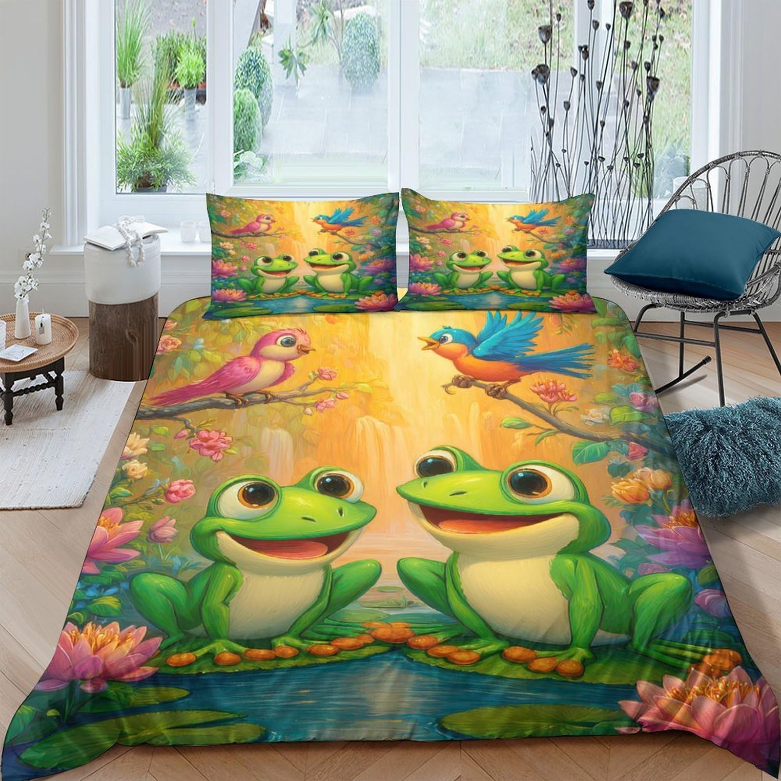 Ctjqhvkz Style-4 3D Printed Cartoon Frog Fitted Sheet Microfiber Soft Forest Birds Mattress Cover For Bedroom Dorm Easy Care Decor Single（135X200cm）