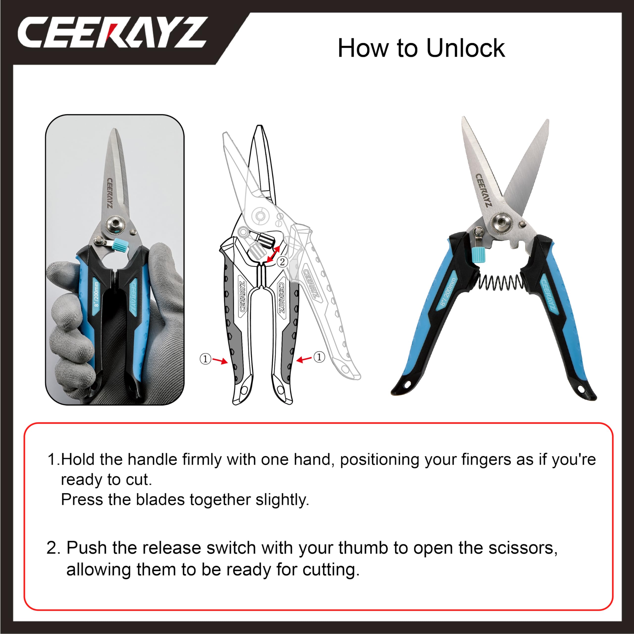 CEERAYZ 200mm Scissors All Purpose Heavy Duty, Garden Shears, Scissors for DIY Projects Office, Production Lines, Pruning - Image 2