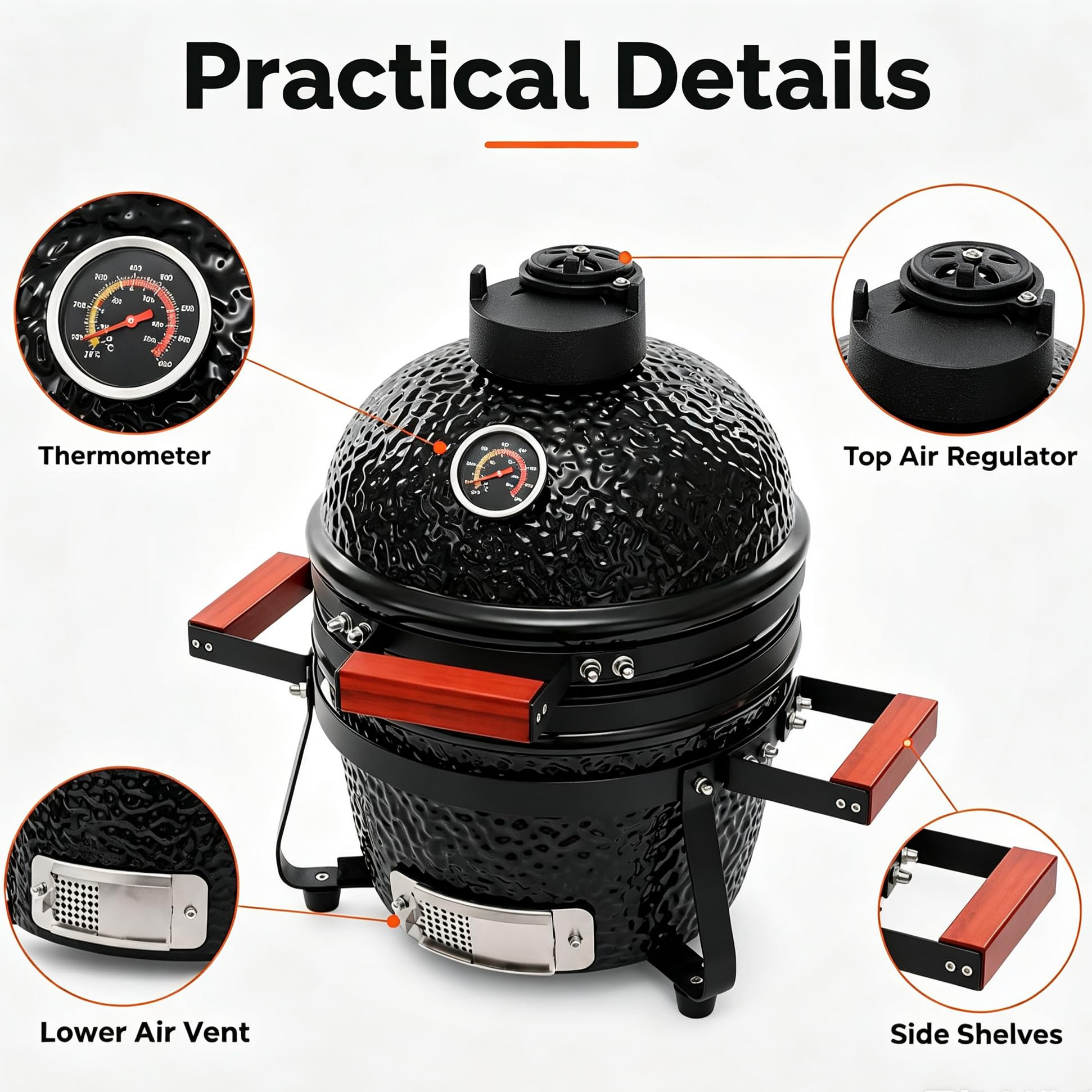 Barbacoa de carbón vegetal de 13 pulgadas Kamado Grill de cerámica para terraza, jardín, camping y picnic, color negro, para asar, ahumar y cocinar