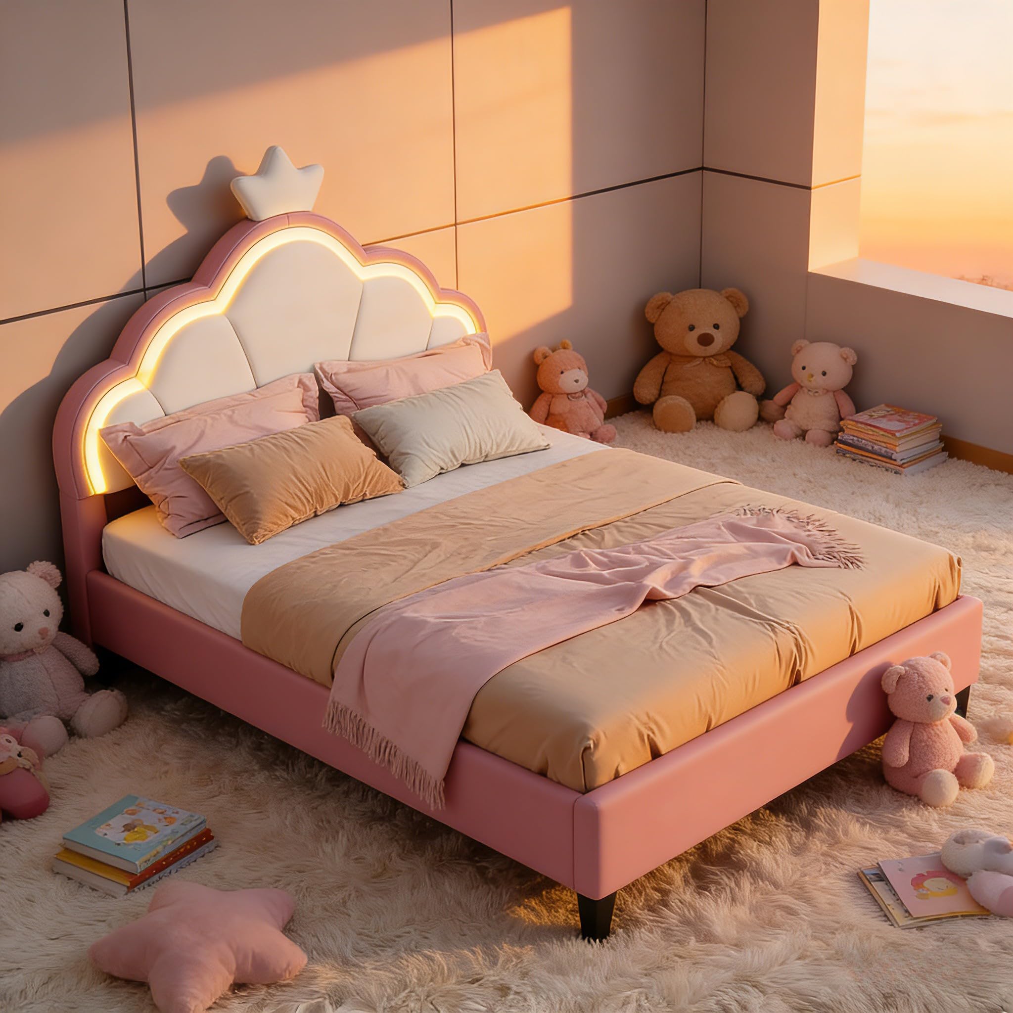 Lettino imbottito 140 x 200 cm per bambini, Letto a Corona per Principessa con LED, letto per adolescenti con testiera regolabile in altezza e rete a listelli, Senza Materasso (Rosa, 140 x 200 cm)