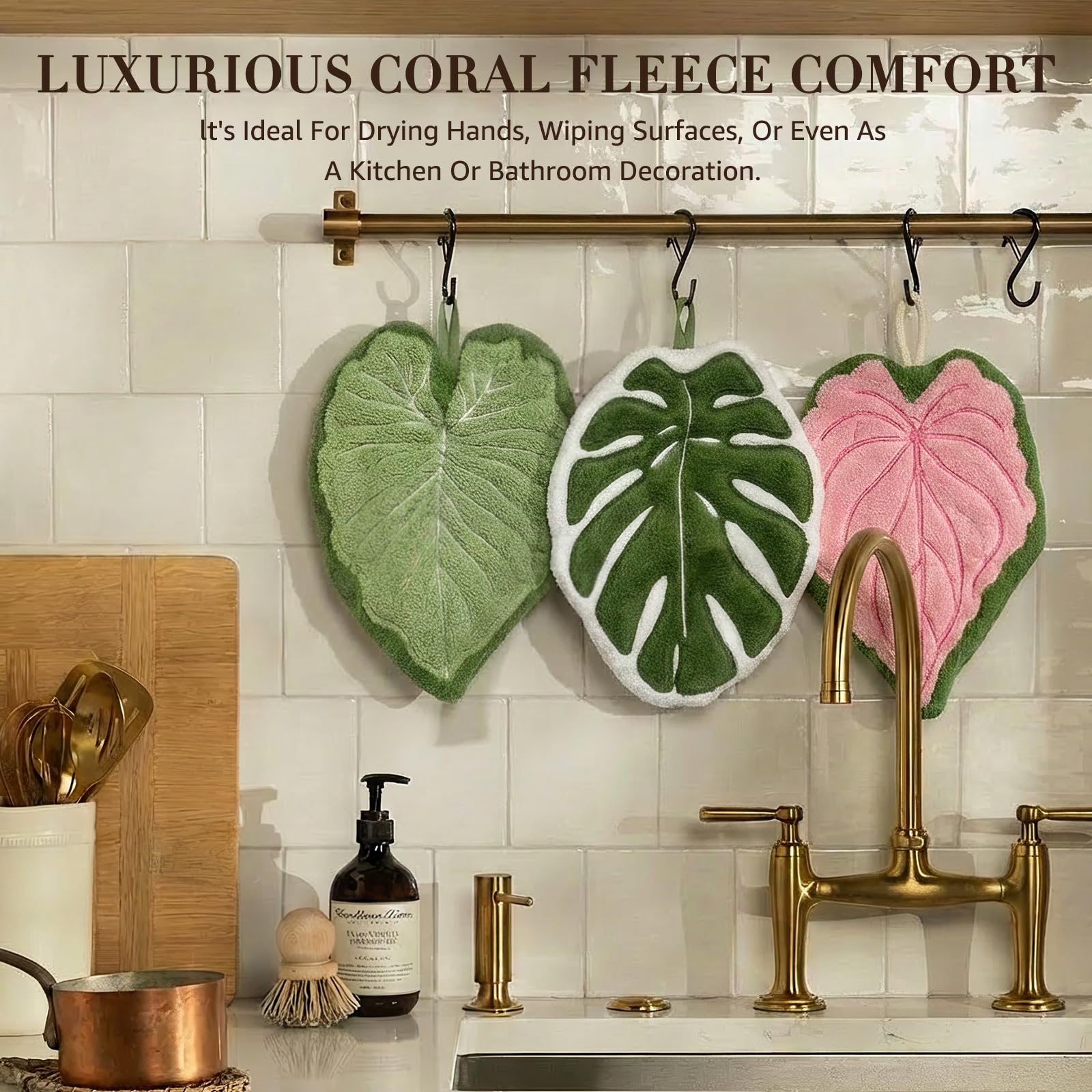 Sisher 3 Pack Leaf Shaped Hanging Kitchen Towels with S Hanging Loop,Cute Coral Fleece Tropical Plant Hand Towel, Absorbent, Quick-Drying, and Lint-Free,for Bath/Kitchen/Living Room(Green+Pink+White) - 2