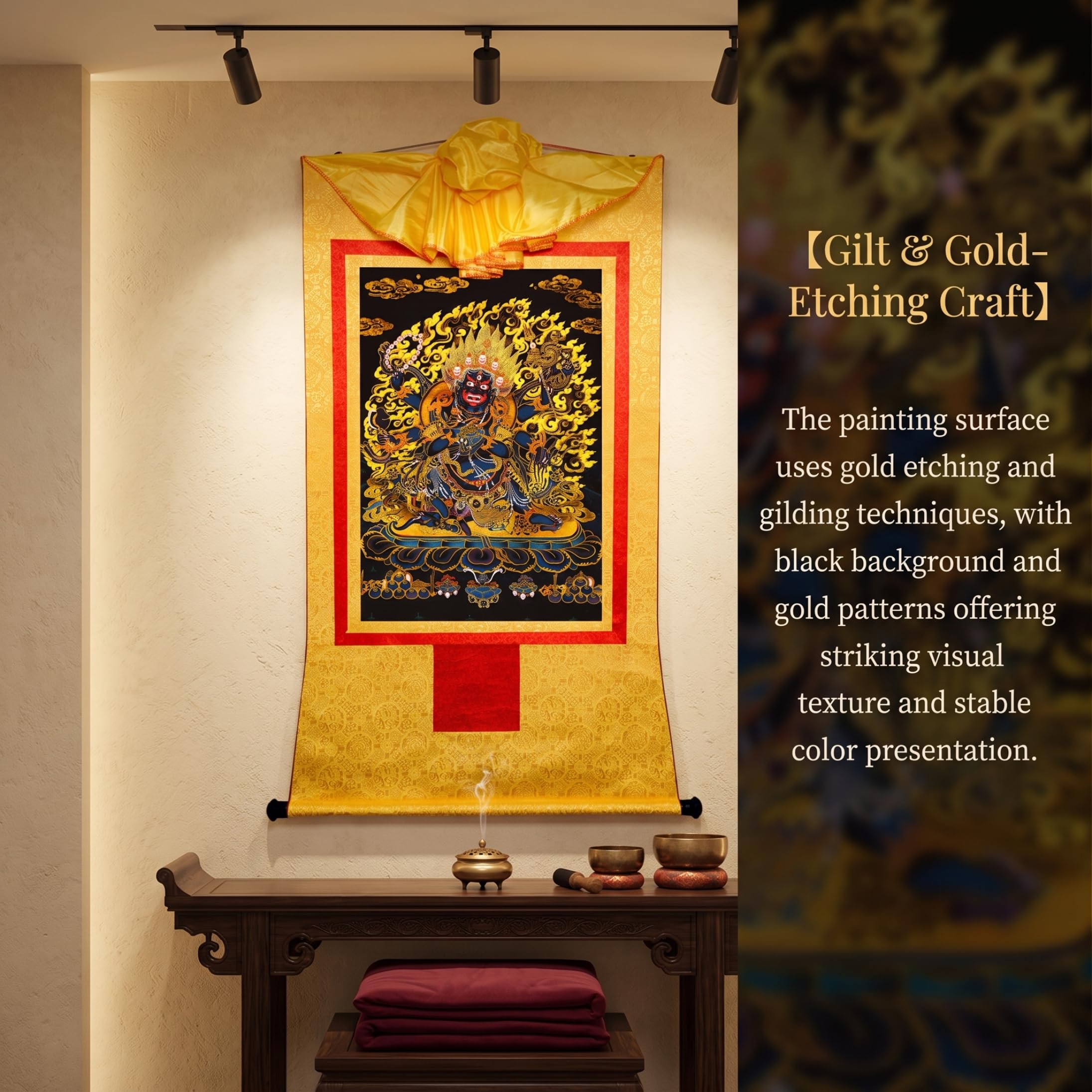 Tsawntd Tibetischer Thangka: Sechsarmiger Mahakala mit Goldprägung, Gold