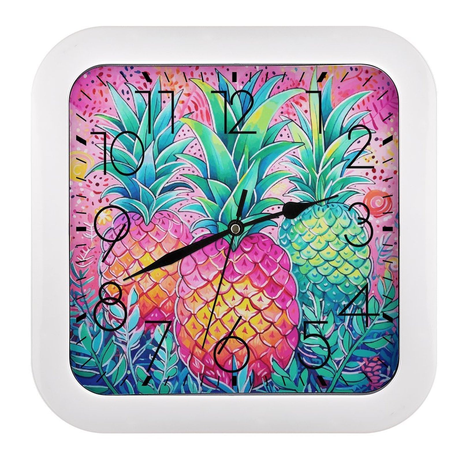 NTVOWPZO 10 Inch Wall Clock Three Big Pineapples Battery Operated Wall Clocks Silent Non-Ticking Square Wall Clock for Living Room Kitchen Home Office Wall Decorative Clocks