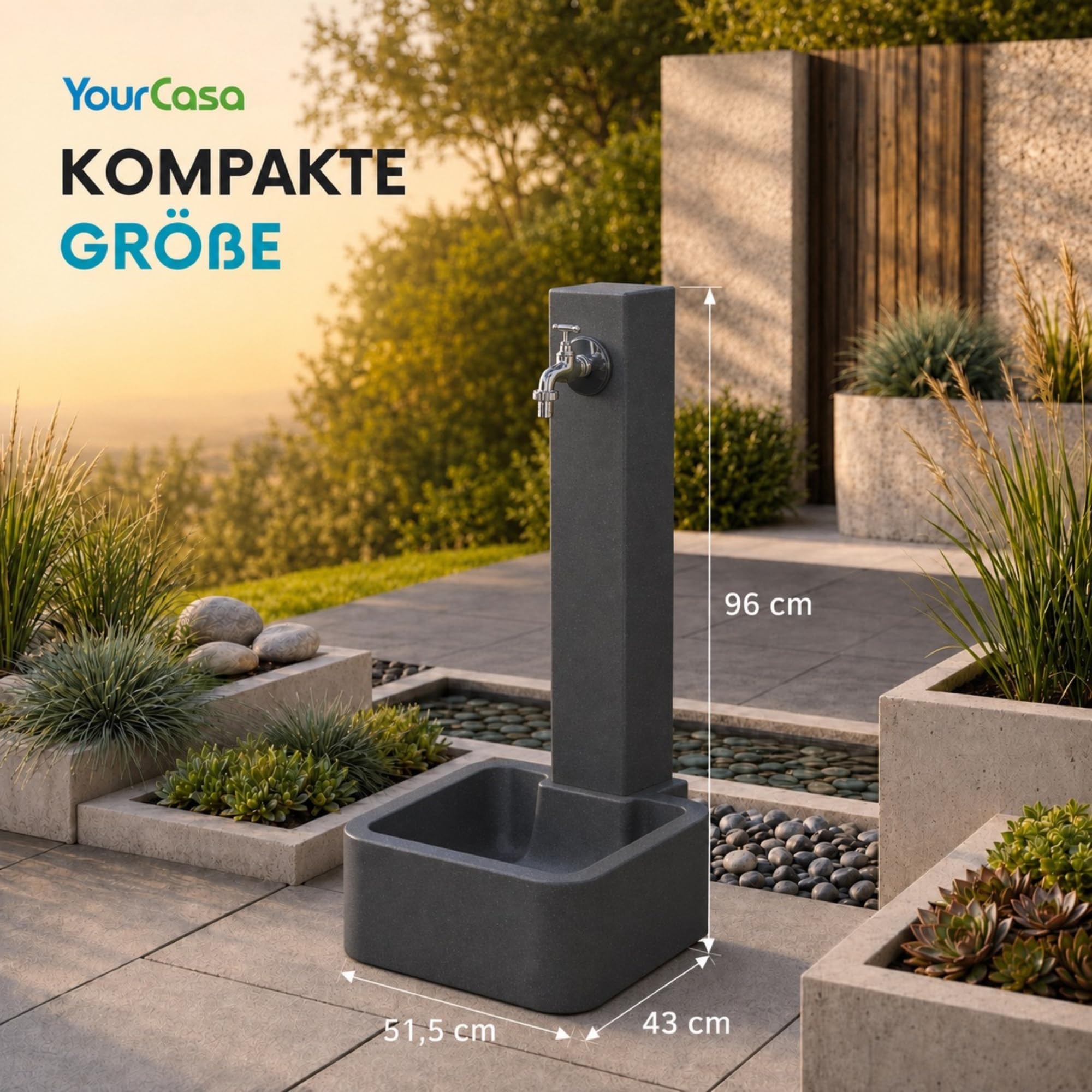 YourCasa Rivano Colonne d'eau de jardin avec bac de récupération 96 cm – Colonne d'eau de jardin aspect pierre, fontaine à eau avec robinet 1/2", résistante aux UV, fabriquée en Europe