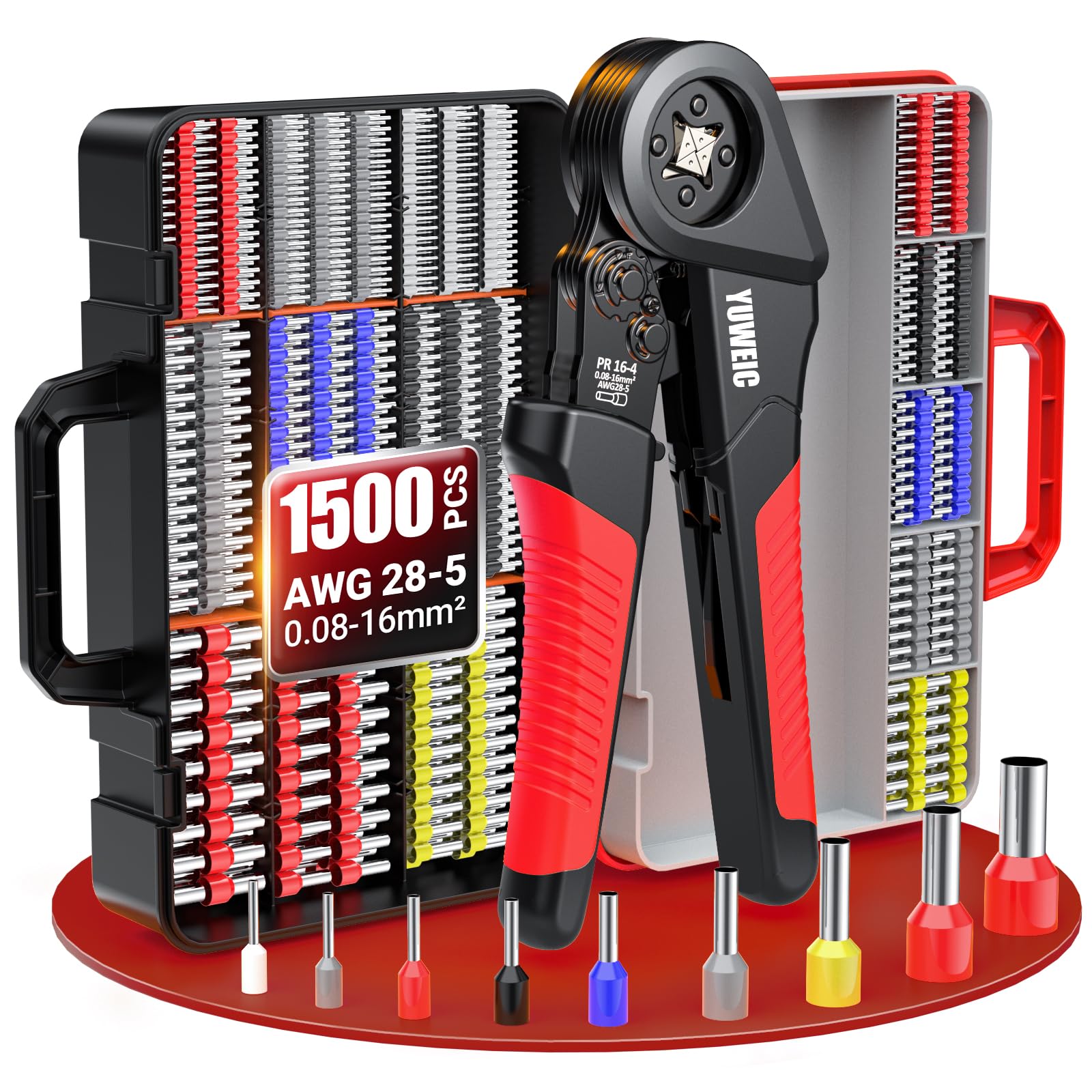 Wire Ferrule Crimper Kit with 1500PCS Ferrules, Ratcheting Wire Crimper Tool 0.08-16mm² (AWG 28-5), Self-Adjusting Ferrule Crimping Pliers with Wire Terminals, Hex Crimping Tool for Electrical Wiring