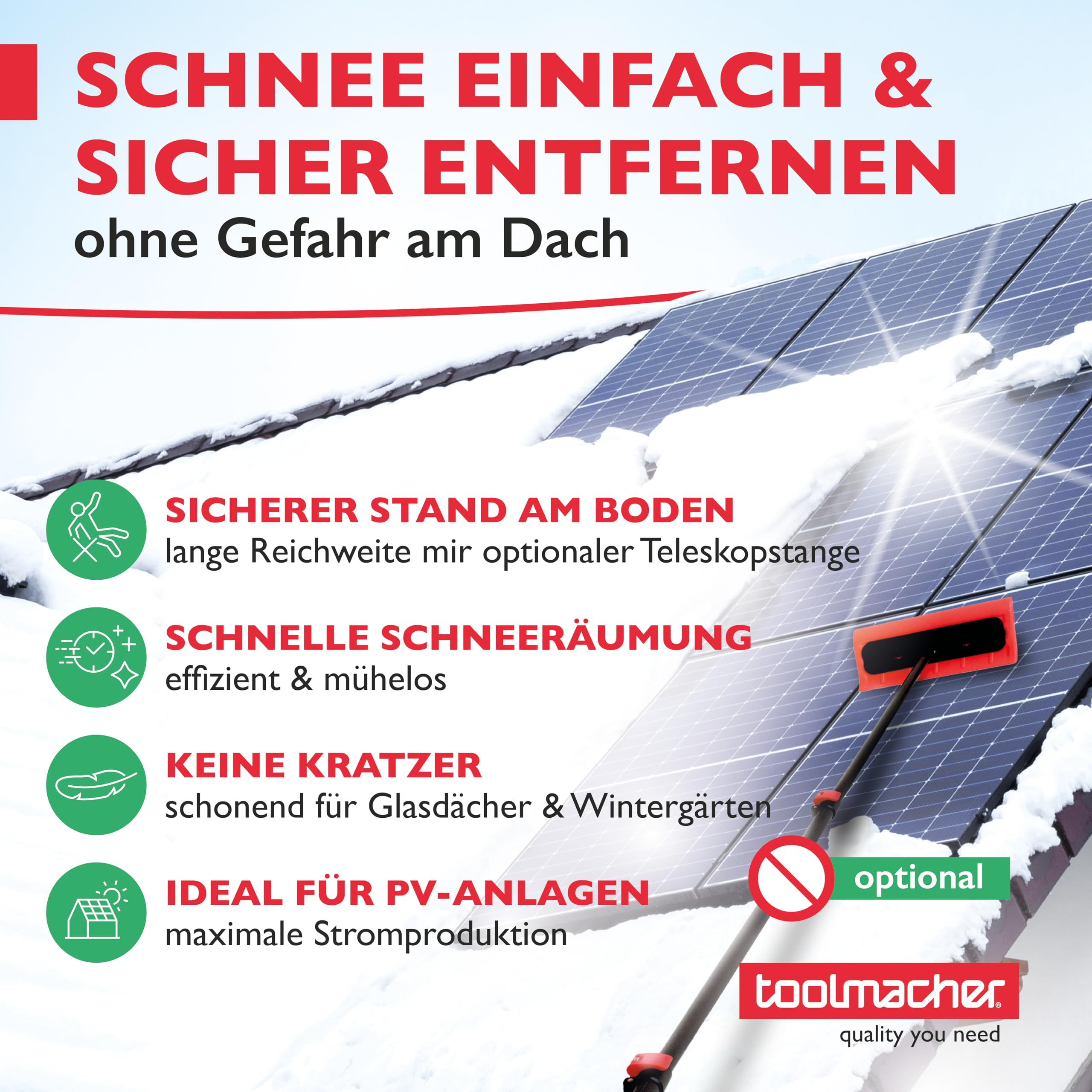 toolmacher Photovoltaik Schneeschieber [ROBUSTES SPEZIALGEWINDE] Schneeschaufel für Photovoltaik, Wintergarten und Glasdach - Schneeräumer ohne Teleskopstange - Schneeschieber für PV, Dachschneeräumer