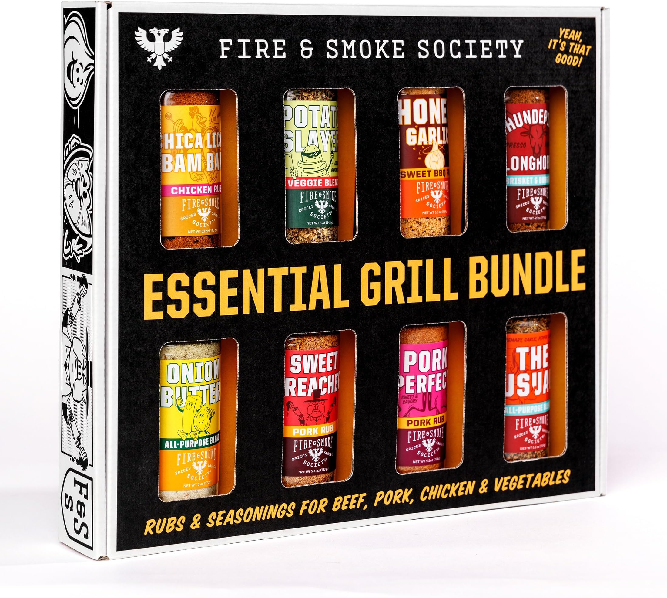 Fire & Smoke Society Essential BBQ Assortment Pack, BBQ Graters and Condiments, BBQ Gifts for Men, BBQ Accessories, Steak Seasoning, Chicken, Burger, Pulled Pork, Large Spice Set (8-Pack)