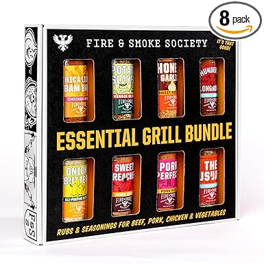 Fire & Smoke Society Essential Grill Variety Pack | BBQ Rubs and Seasonings, Grilling Gifts for Fathers Day, Mens Gifts | Steak Seasoning, Chicken, Burgers, Pulled Pork | Large Spices Set (8-Pack)