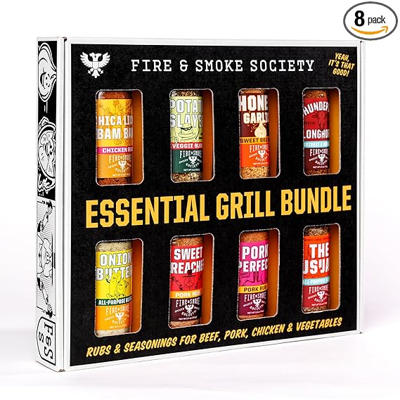 Fire & Smoke Society Essential Grill Variety Pack | BBQ Rubs and Seasonings, Grilling Gifts for Fathers Day, Mens Gifts | Steak Seasoning, Chicken, Burgers, Pulled Pork | Large Spices Set (8-Pack)