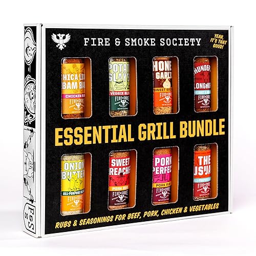 Fire & Smoke Society Essential Grill Variety Pack | BBQ Rubs and Seasonings, Grilling Gifts for Fathers Day, Mens Gifts | Steak Seasoning, Chicken, Burgers, Pulled Pork | Large Spices Set (8-Pack) - Essential Grill (8-Pack) - 6 Ounce (Pack of 8)