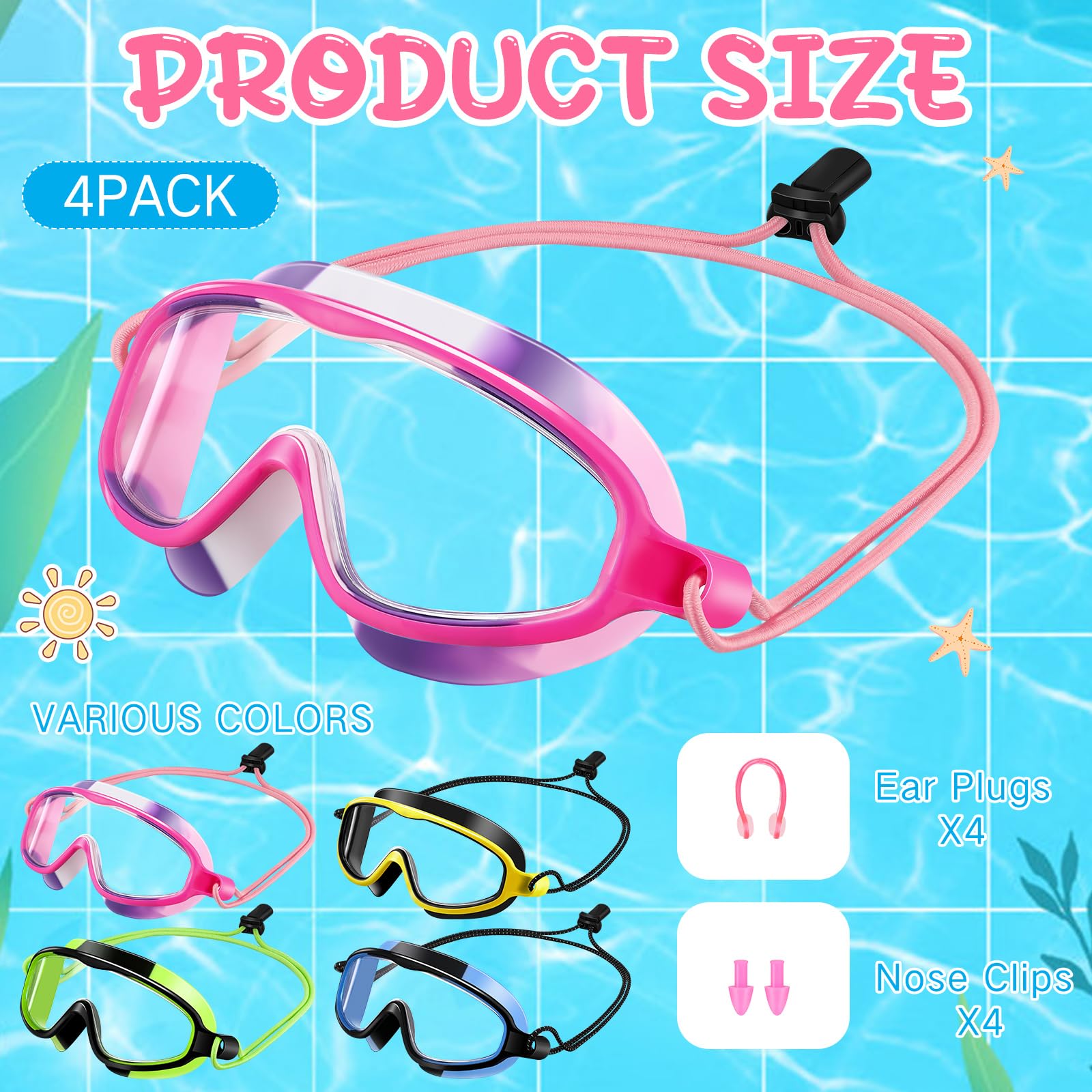 Hollowfly Lot de 4 lunettes de natation anti-buée pour enfants à réglage rapide, sans fuite, étanche, avec pince-nez, bouchons d'oreille