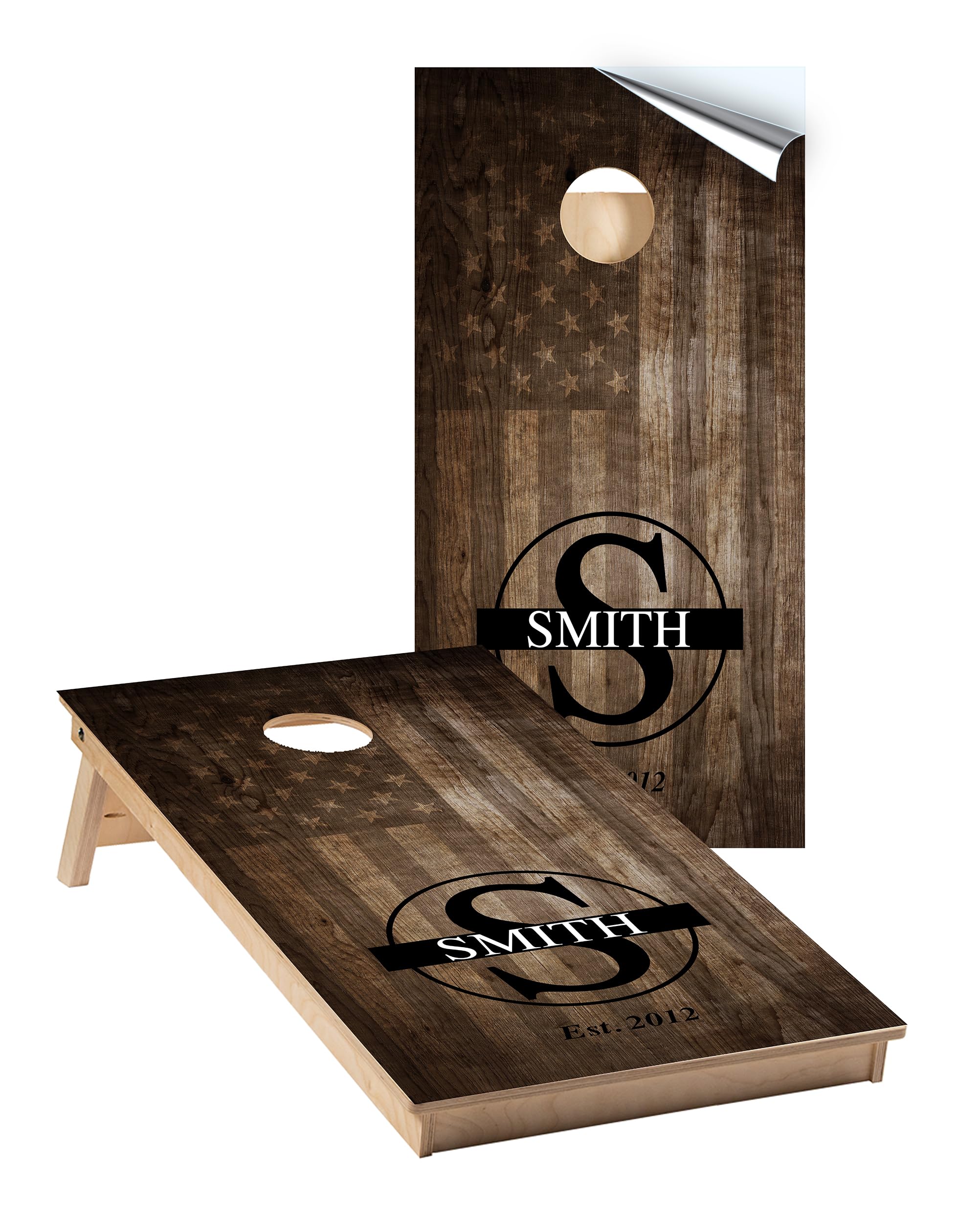 Cornhole Wraps - Customized Family Name Flag Design #734 - Personalized Cornhole Graphic Decals - Includes Application Squeegee - Set of (2) Cornhole Skins 25